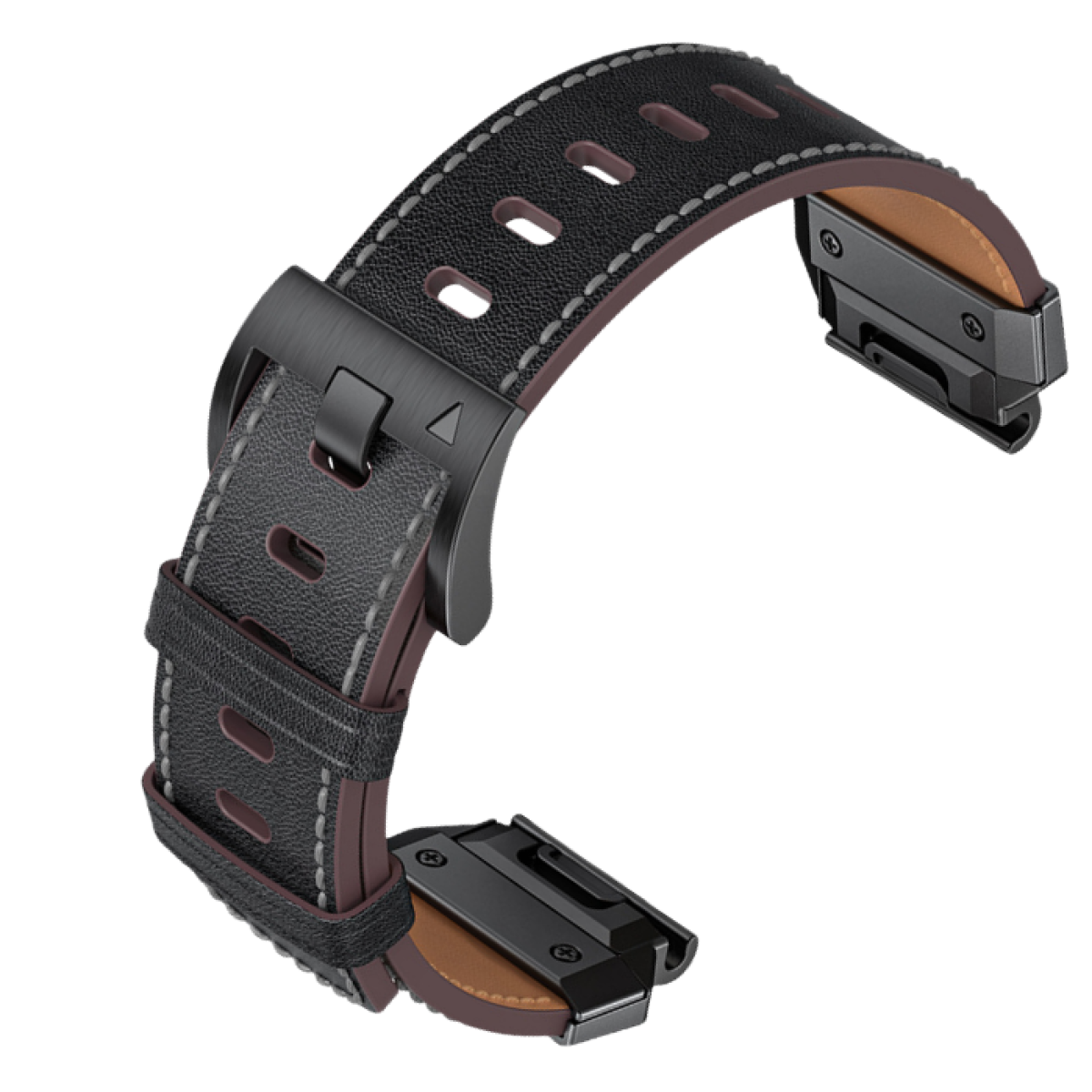 Schwarzes und braunes Leder-Uhrenarmband mit dunkler Metallschnalle und Nahtdetails.