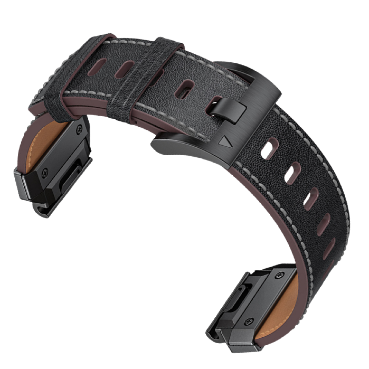 Schwarzes und braunes Lederarmband mit schwarzer Schnalle und Metallbefestigungen.