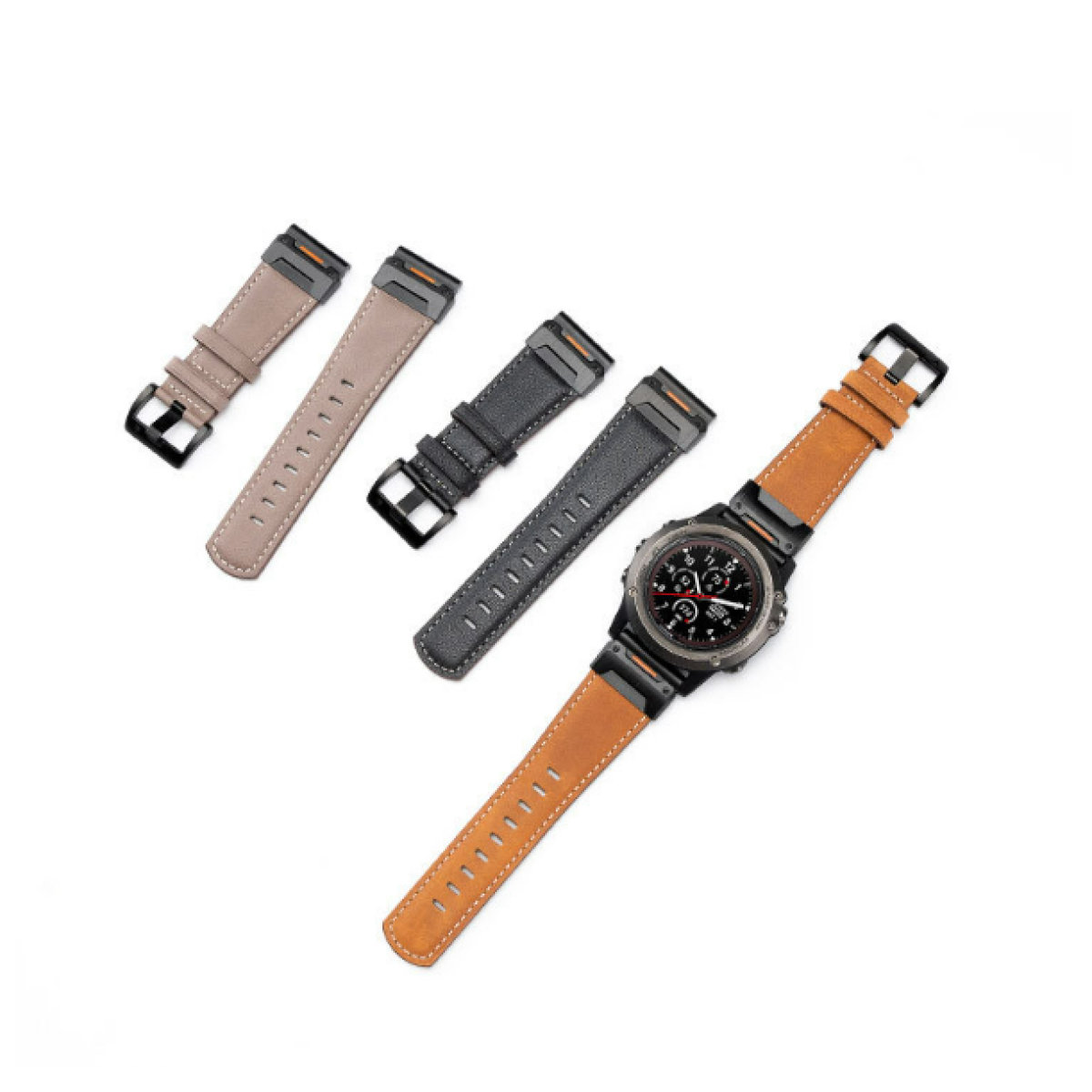 Eine Uhr mit Lederarmbändern und drei zusätzlichen Armbändern. Die Uhr und Armbänder liegen auf weißem Hintergrund.