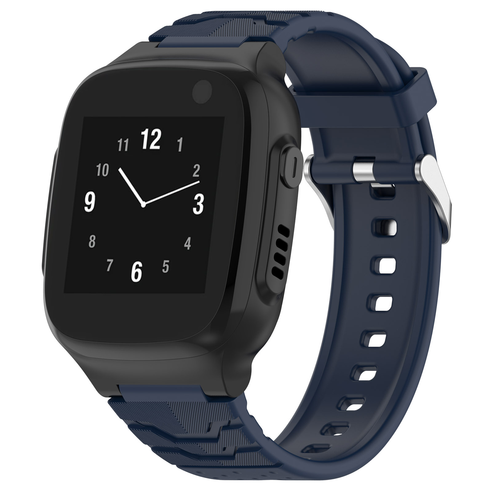 Schwarze Smartwatch mit blauem Armband. Der Bildschirm zeigt die Uhrzeit: 12:00 und hat ein Mikrofon.
