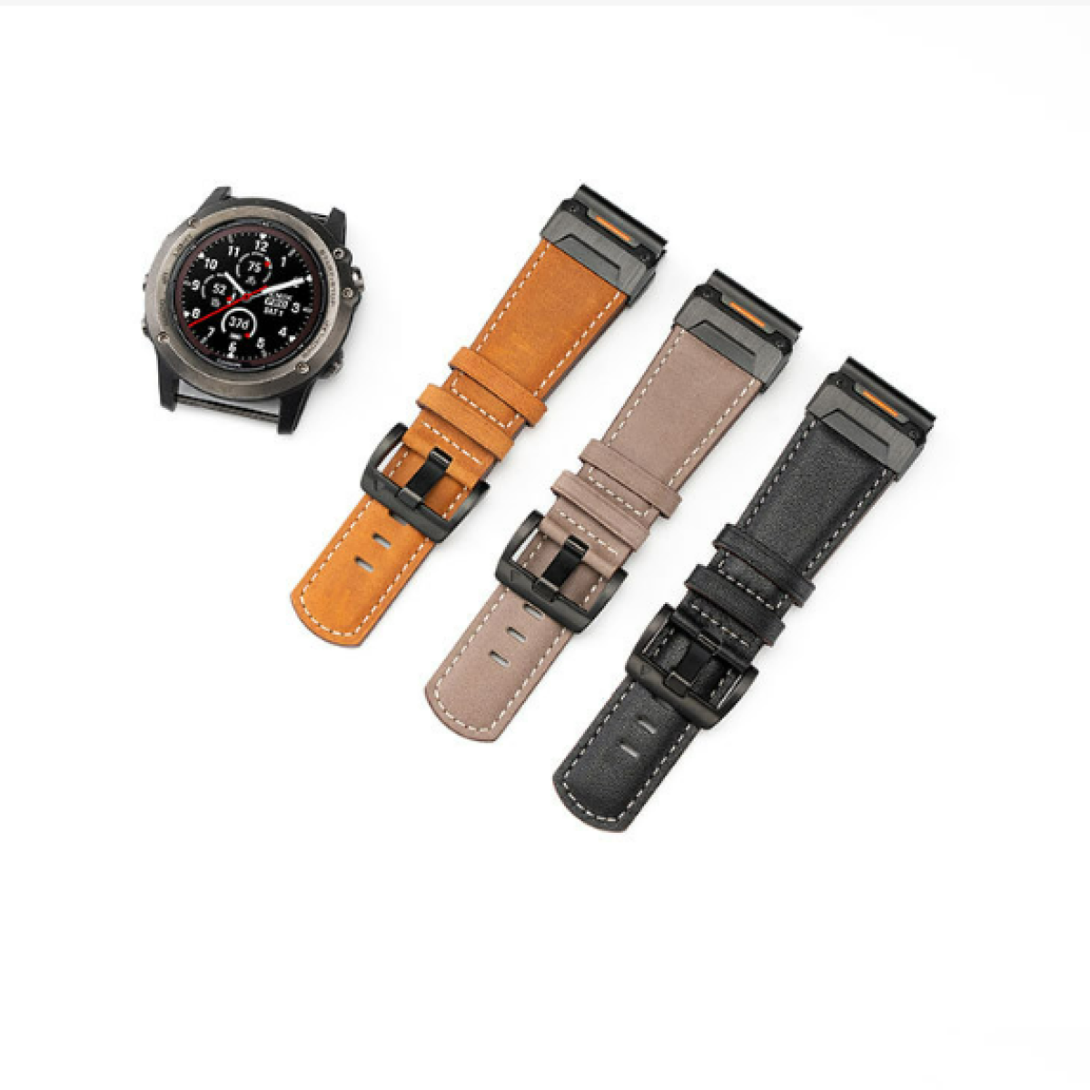 Eine Smartwatch und drei Armbänder. Die Uhr ist schwarz. Die Armbänder sind braun, grau und schwarz.