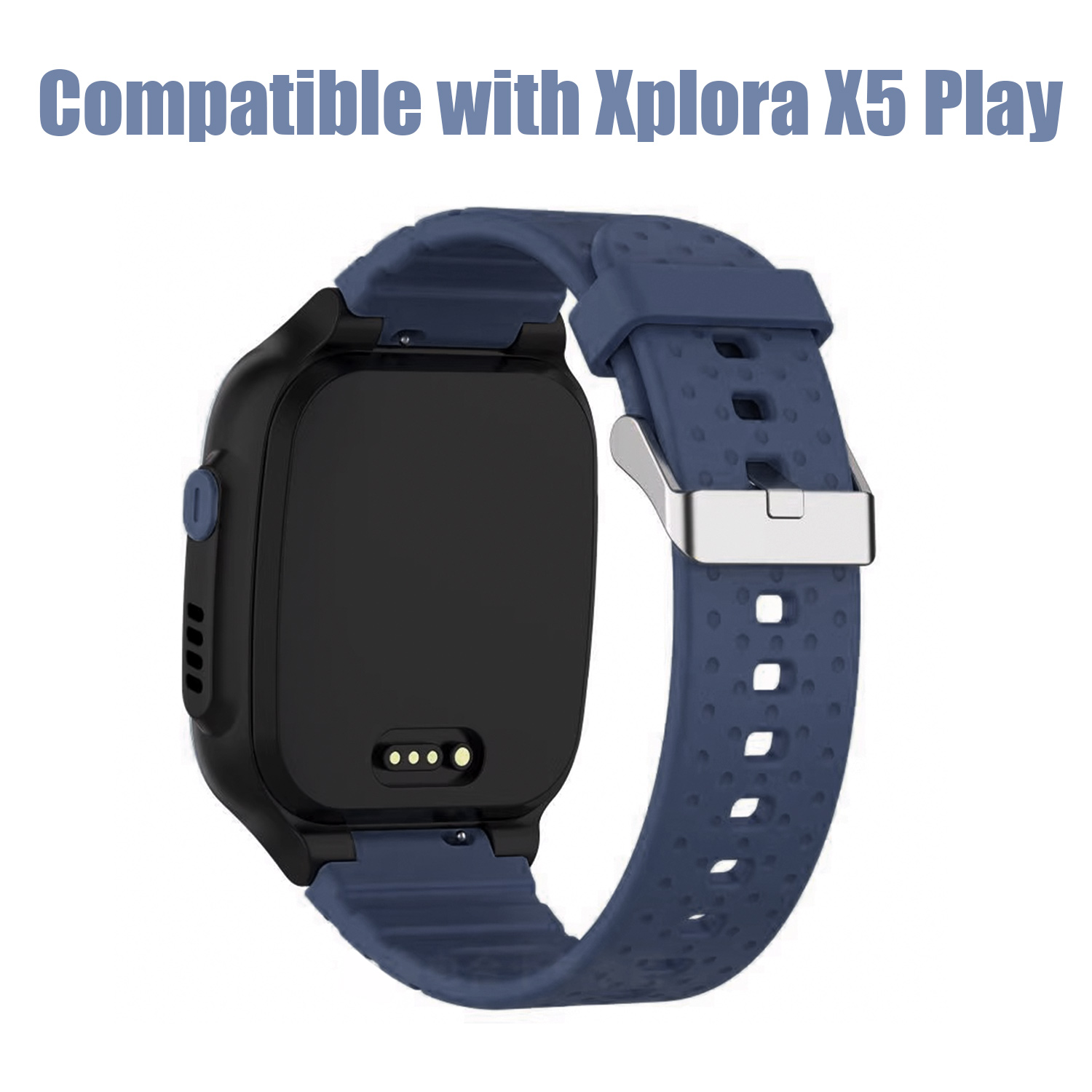 Smartwatch mit blauem Armband. Die Uhr ist schwarz mit blauem Knopf und dem Text: Kompatibel mit Xplora X5 Play