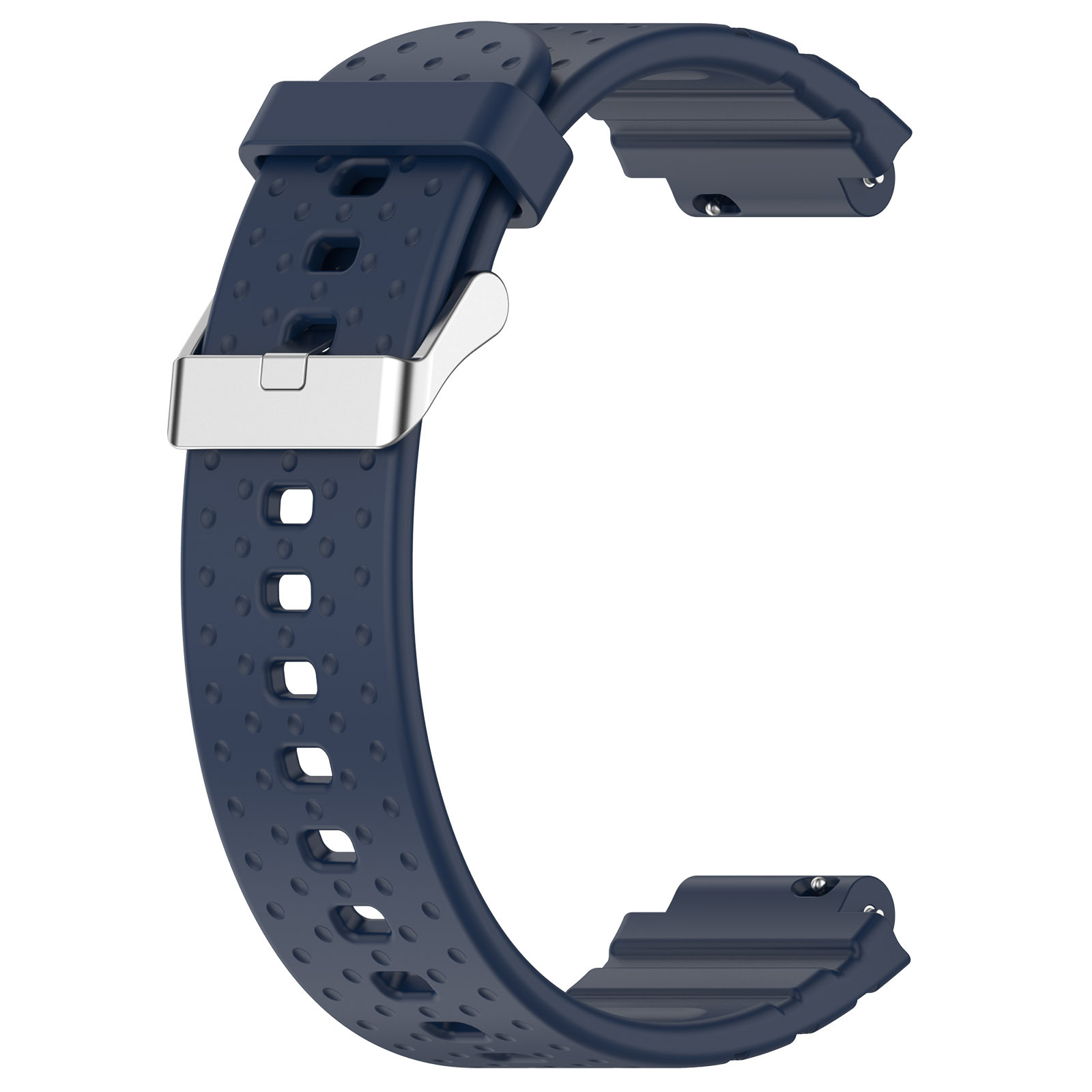 Ein blaues Silikon-Armband mit Perforationen und einer silbernen Schnalle, liegend auf weißem Untergrund.