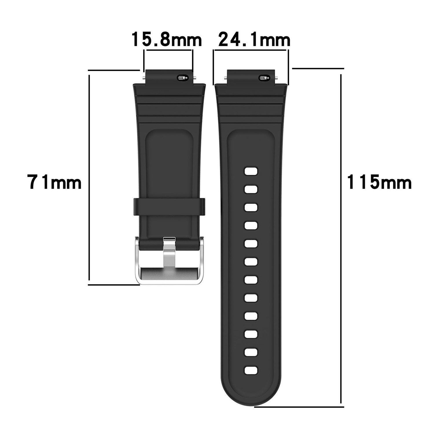 Schwarzes Uhrenarmband, mit Maßen und Lochplatzierungen zur Anpassung.