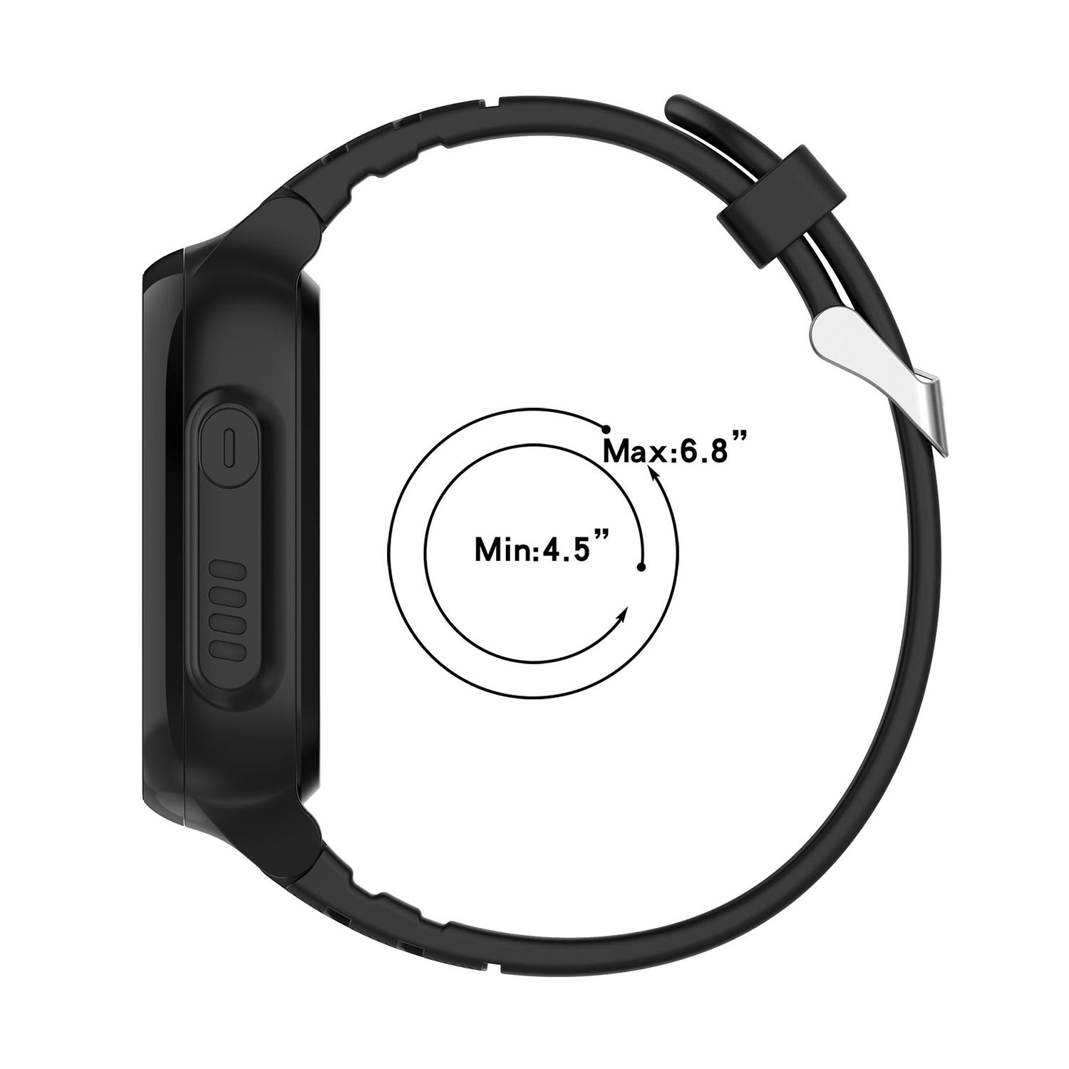 Schwarze Smartwatch-Seitenansicht. Zeigt Seitentasten und Armband. Ein Kreis zeigt Handgelenkgrößen.
