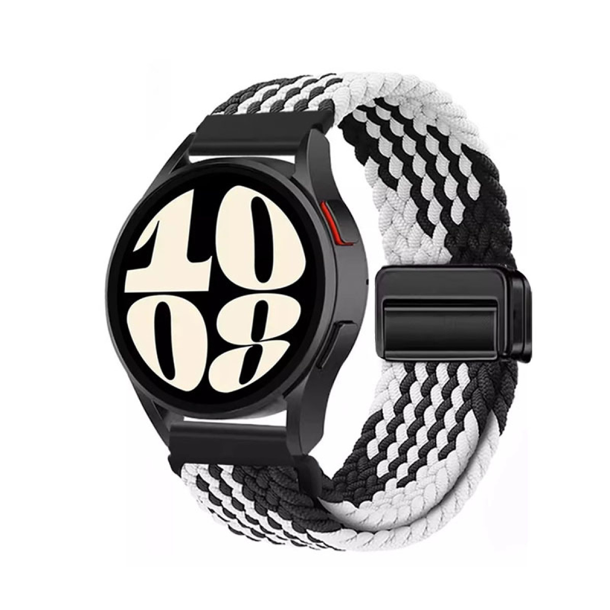 Eine schwarze Smartwatch mit einem gestreiften schwarz-weißen Armband. Es hat einen schwarzen Verschluss.