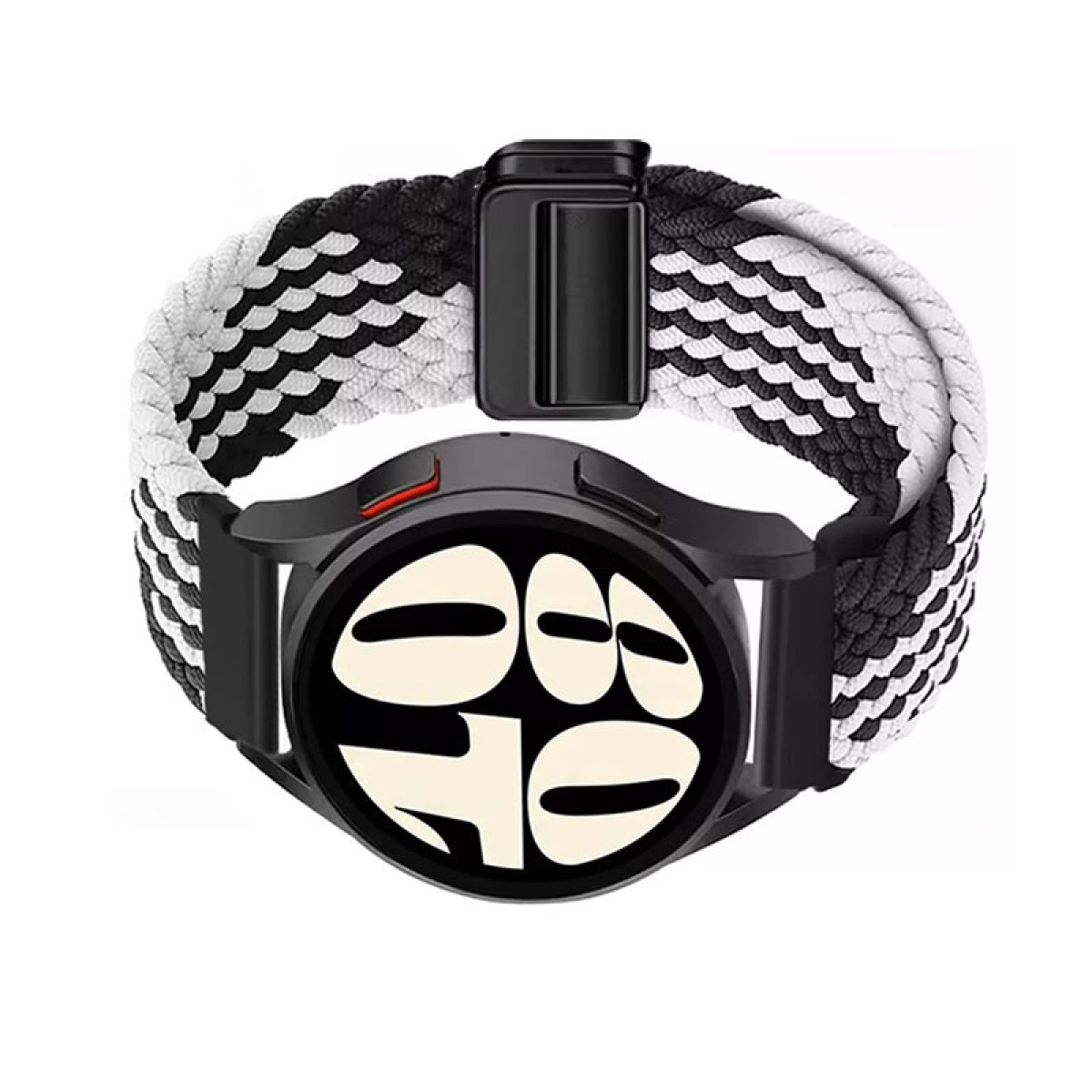 Eine Smartwatch mit schwarzem Rahmen und einem schwarz-weiß geflochtenen Armband, sowie einer schwarzen Schließe.