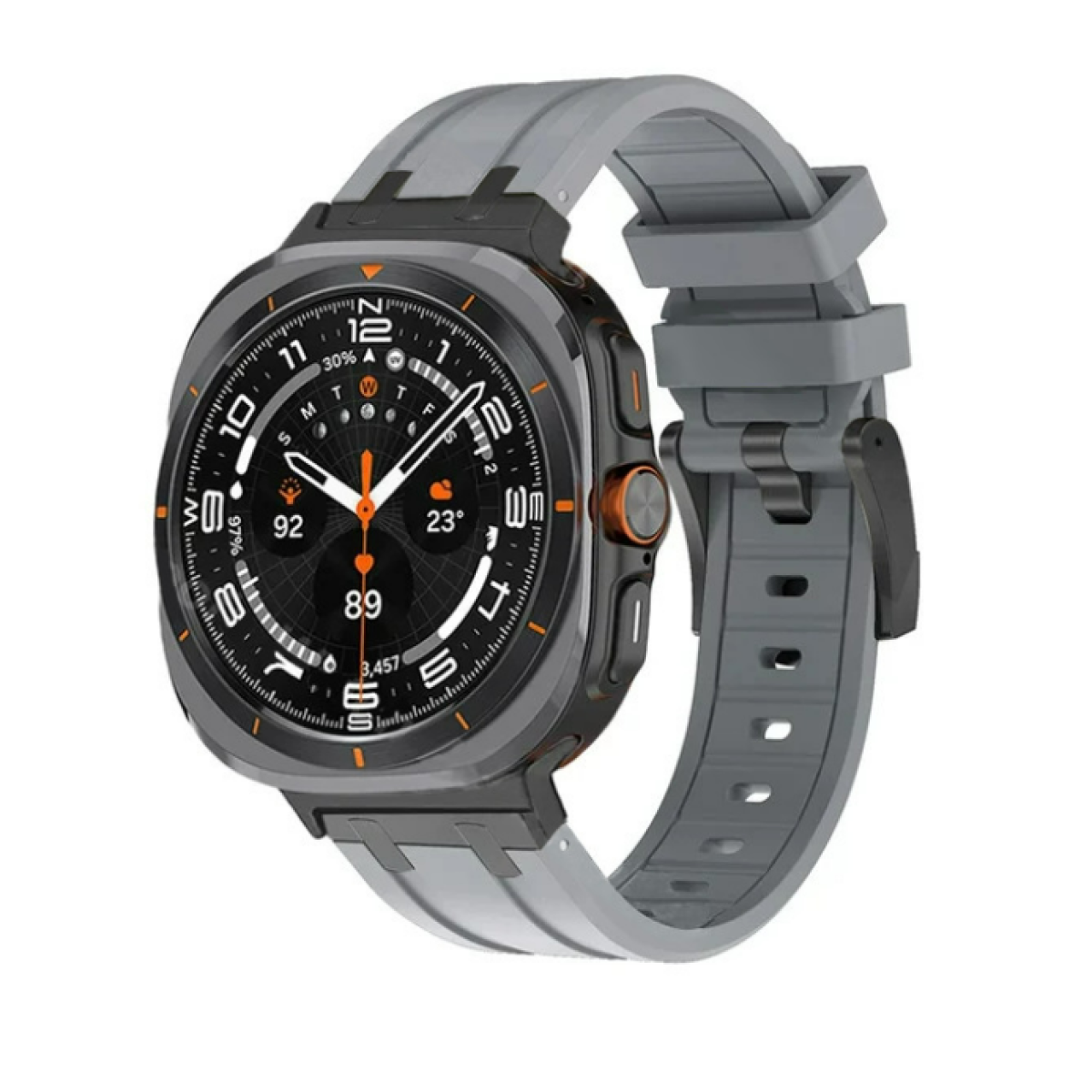 Uno smartwatch con cinturino grigio, cassa nera e grigia e schermo nero che mostra dati.
