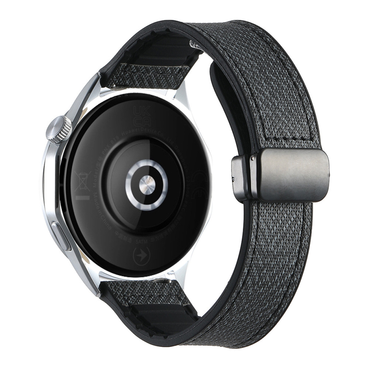 Smartwatch argento e nero con cinturino nero.