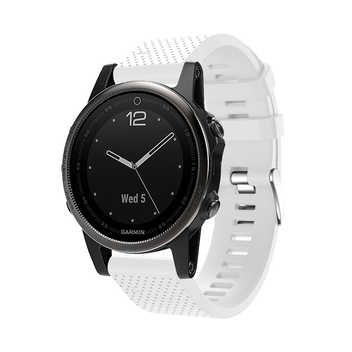 Eine schwarze Garmin Smartwatch mit weißem Armband auf weißem Hintergrund.