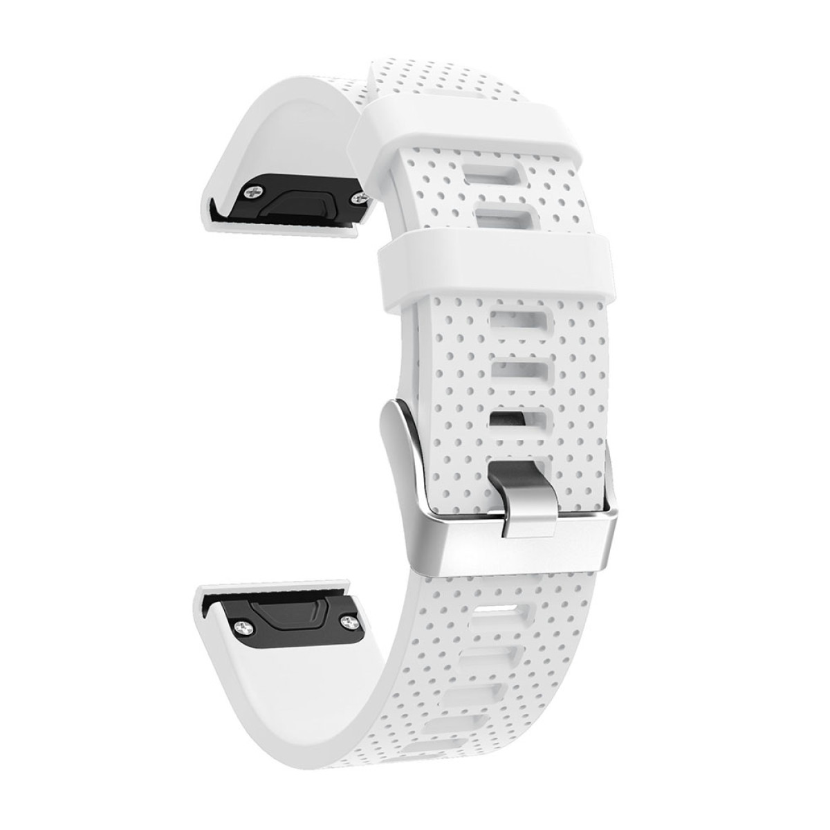 Weißes, perforiertes Uhrenarmband mit silberner Schließe. Das Armband ist isoliert dargestellt.