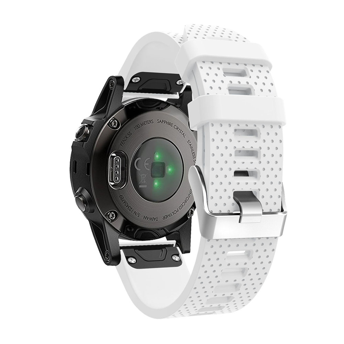 Eine schwarze Smartwatch mit weißem Armband, zeigt die Rückseite und die Banddetails.