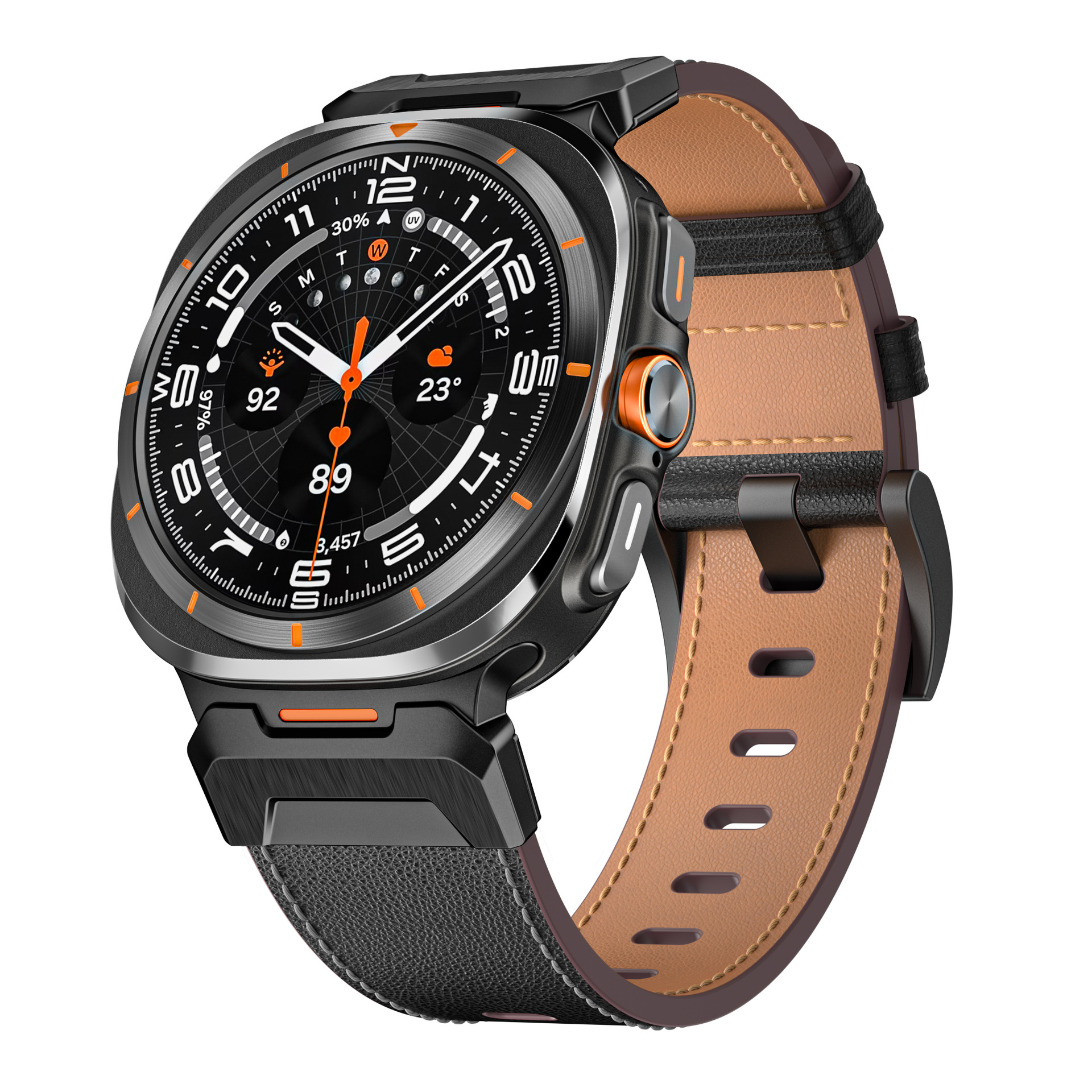 Uno smartwatch nero con cinturino in pelle marrone, che mostra un display digitale su sfondo bianco.