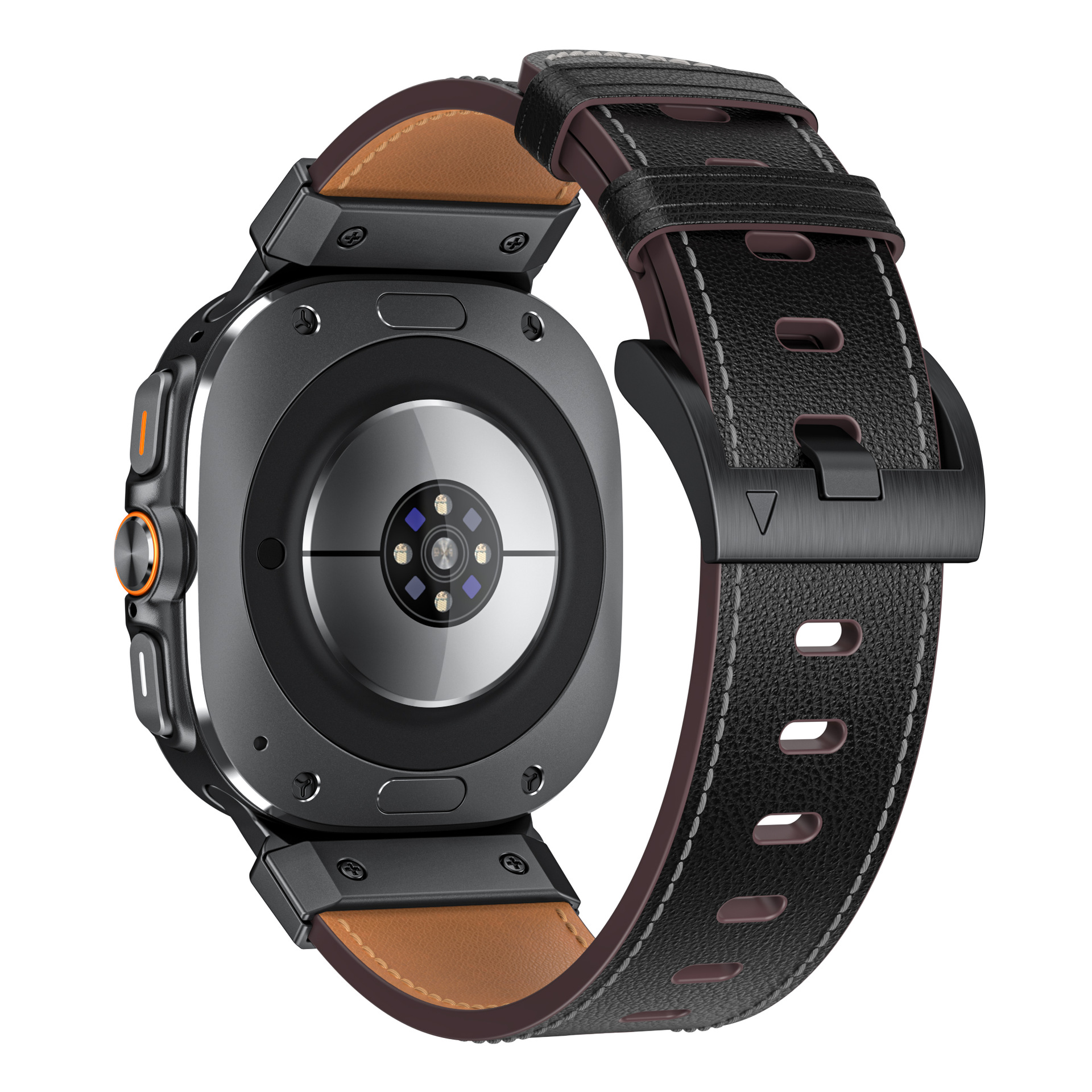 Smartwatch nero con cinturino in pelle marrone, che mostra il retro.