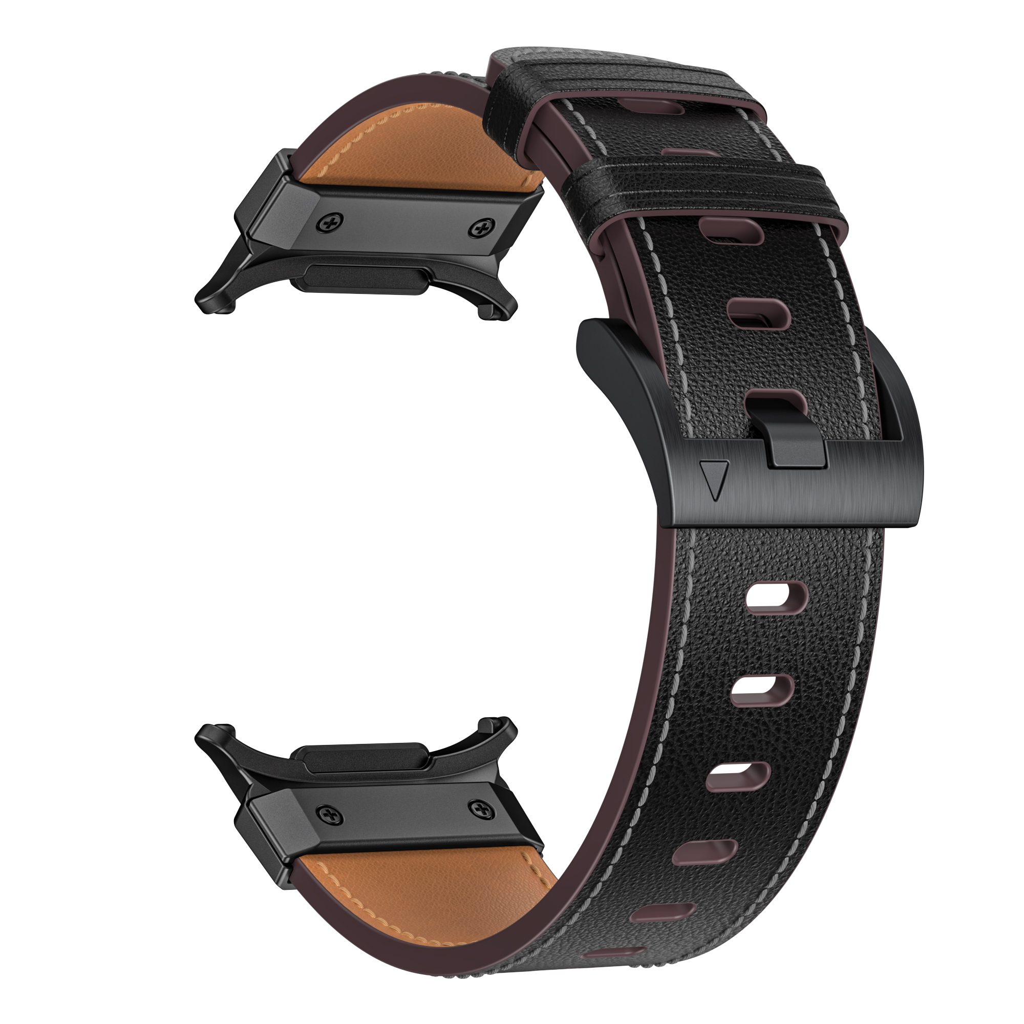Un cinturino nero con componenti in pelle e metallo.