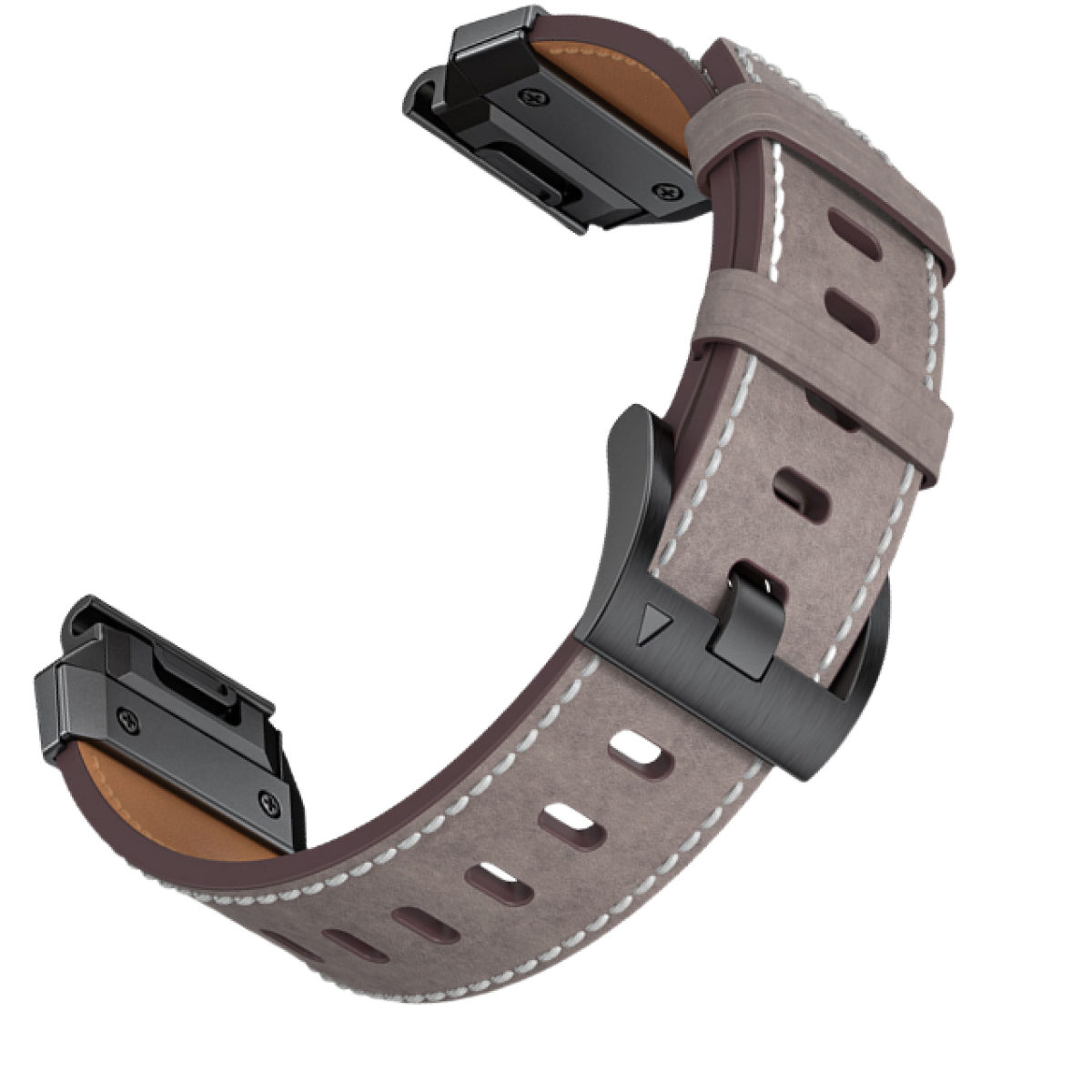 Uhrenarmband aus grauem und braunem Leder mit schwarzen Akzenten. Weiße Nähte und schwarze Metallschnallen.
