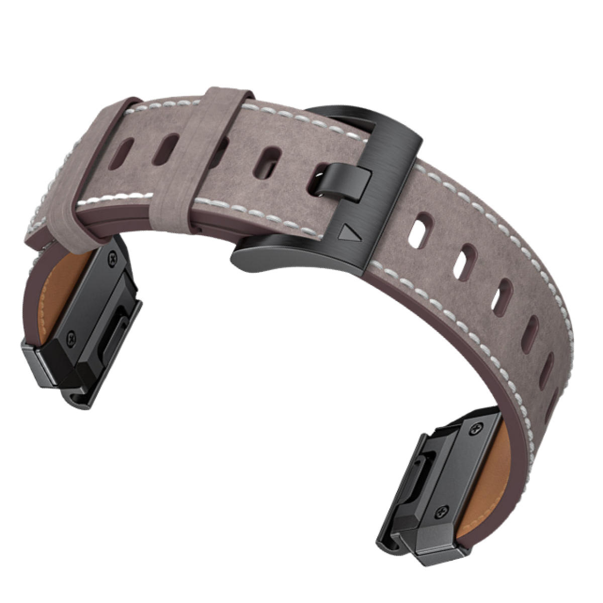 Graues Uhrenarmband mit weißen Nähten und schwarzer Metallschnalle.