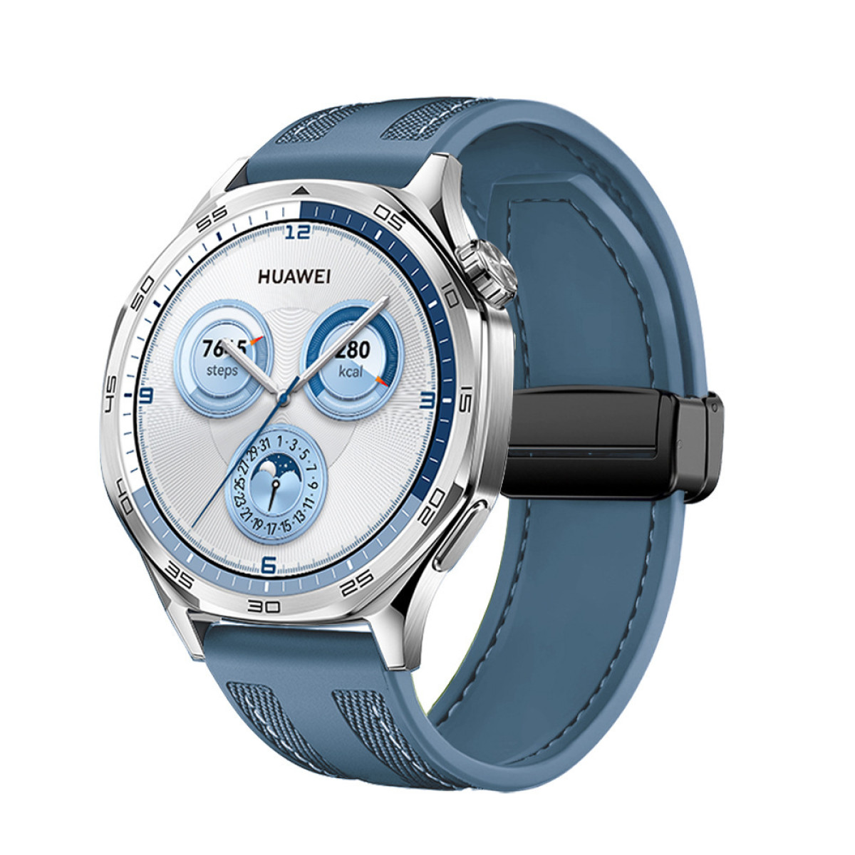 Smartwatch argentato con cinturino blu. Il quadrante mostra passi, calorie e data.