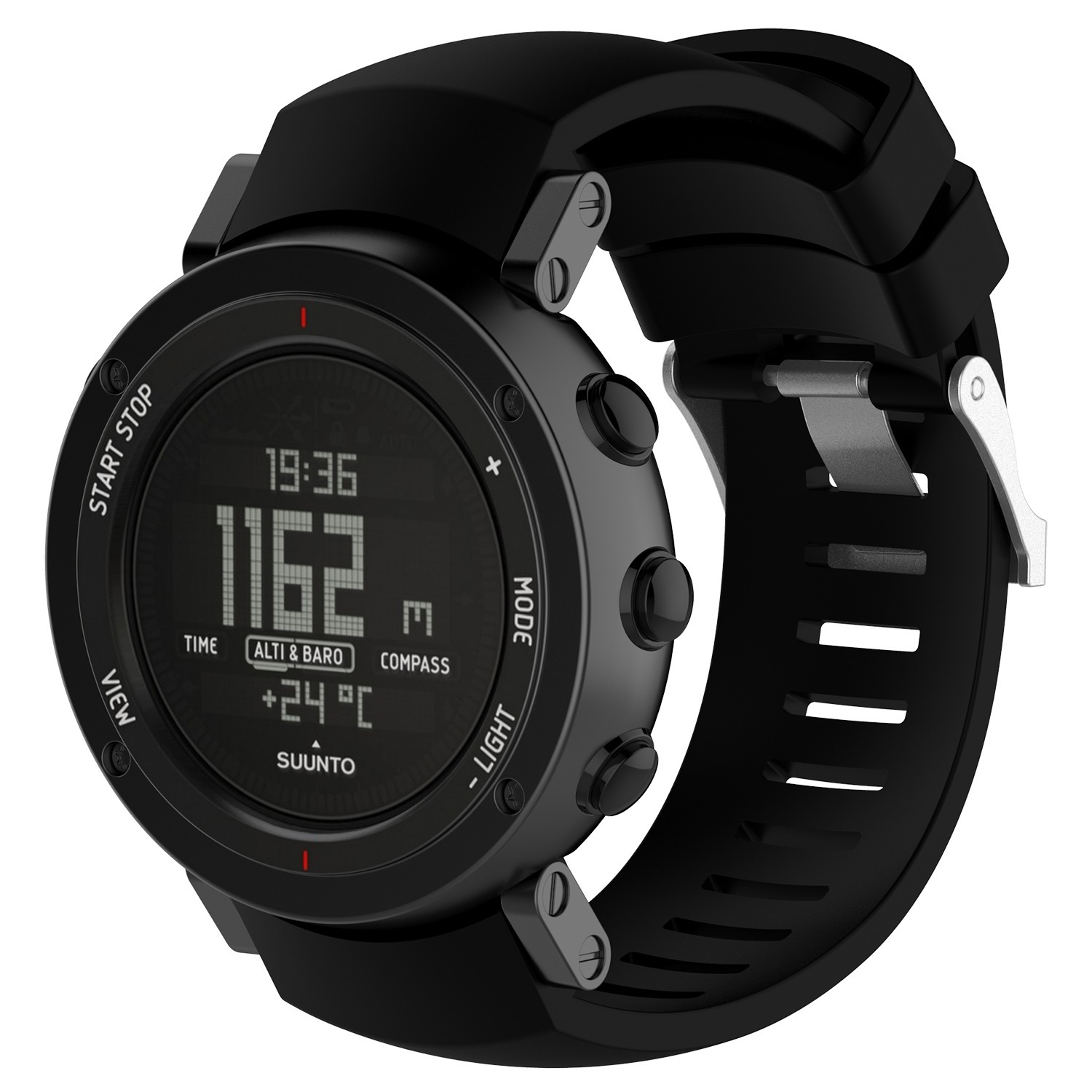 Schwarze Digitaluhr mit mehreren Knöpfen und schwarzem Armband, zeigt Zeit und Daten an.