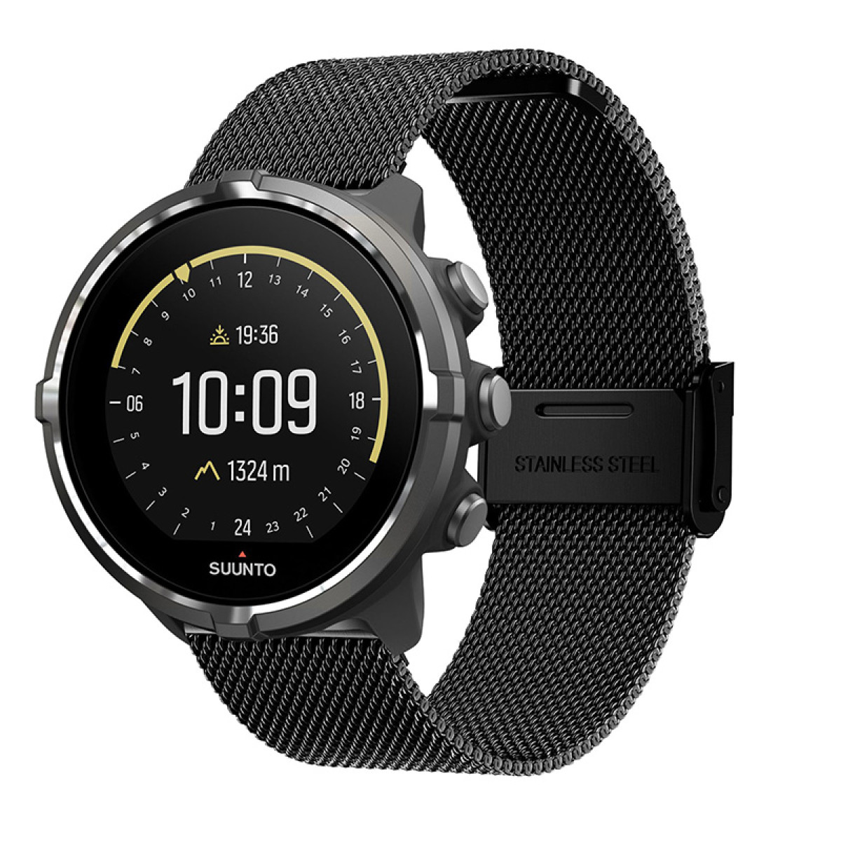 Suunto Smartwatch mit schwarzem Mesh-Armband. Das Zifferblatt zeigt Zeit und Höhe an.