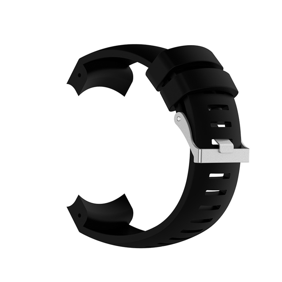 Schwarzes Gummi-Uhrenarmband mit silberner Schnalle. Es hat eine gebogene, offene Form. Der Hintergrund ist weiß.