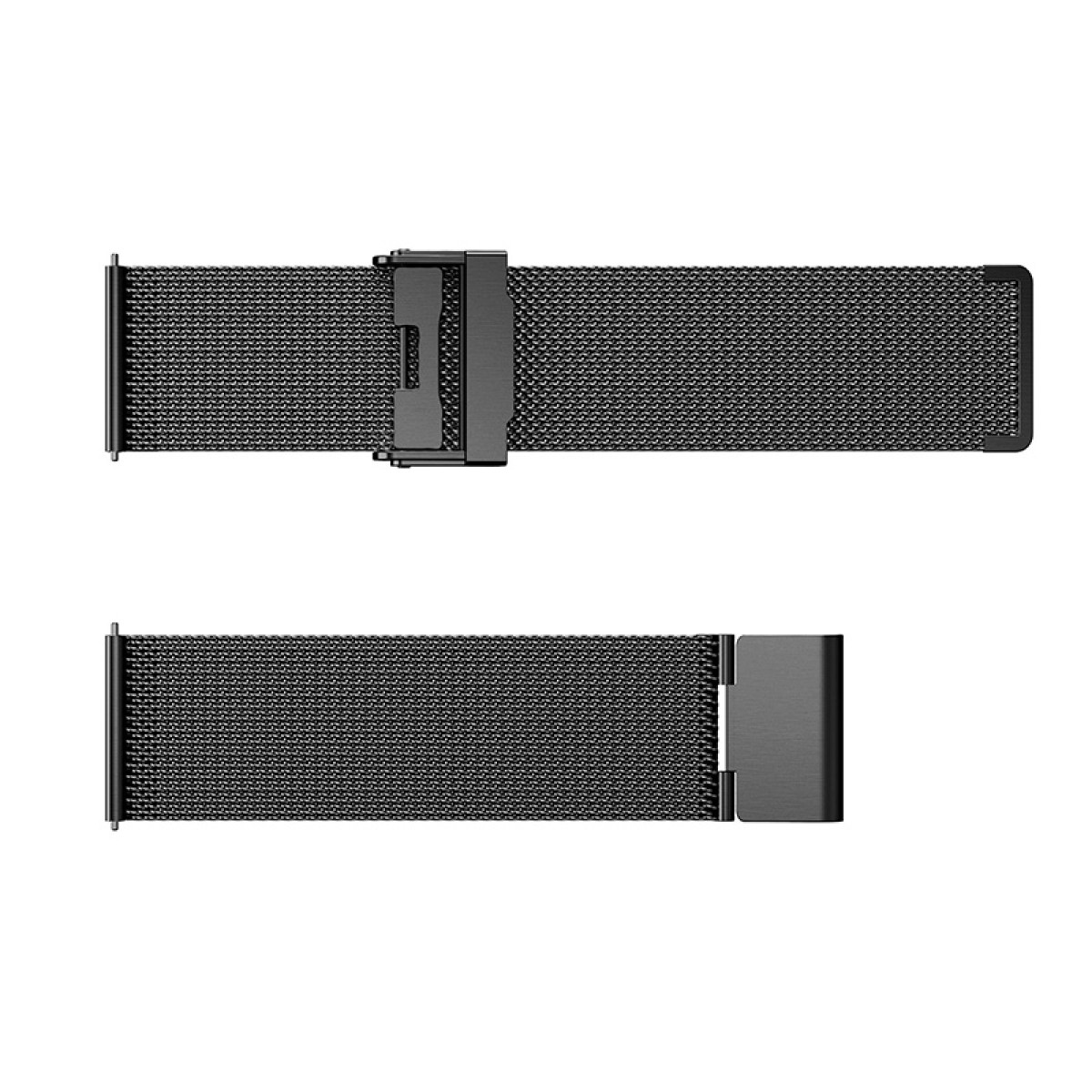 Zwei schwarze Mesh-Uhrenarmbänder mit Verschlüssen, auf weißem Hintergrund.