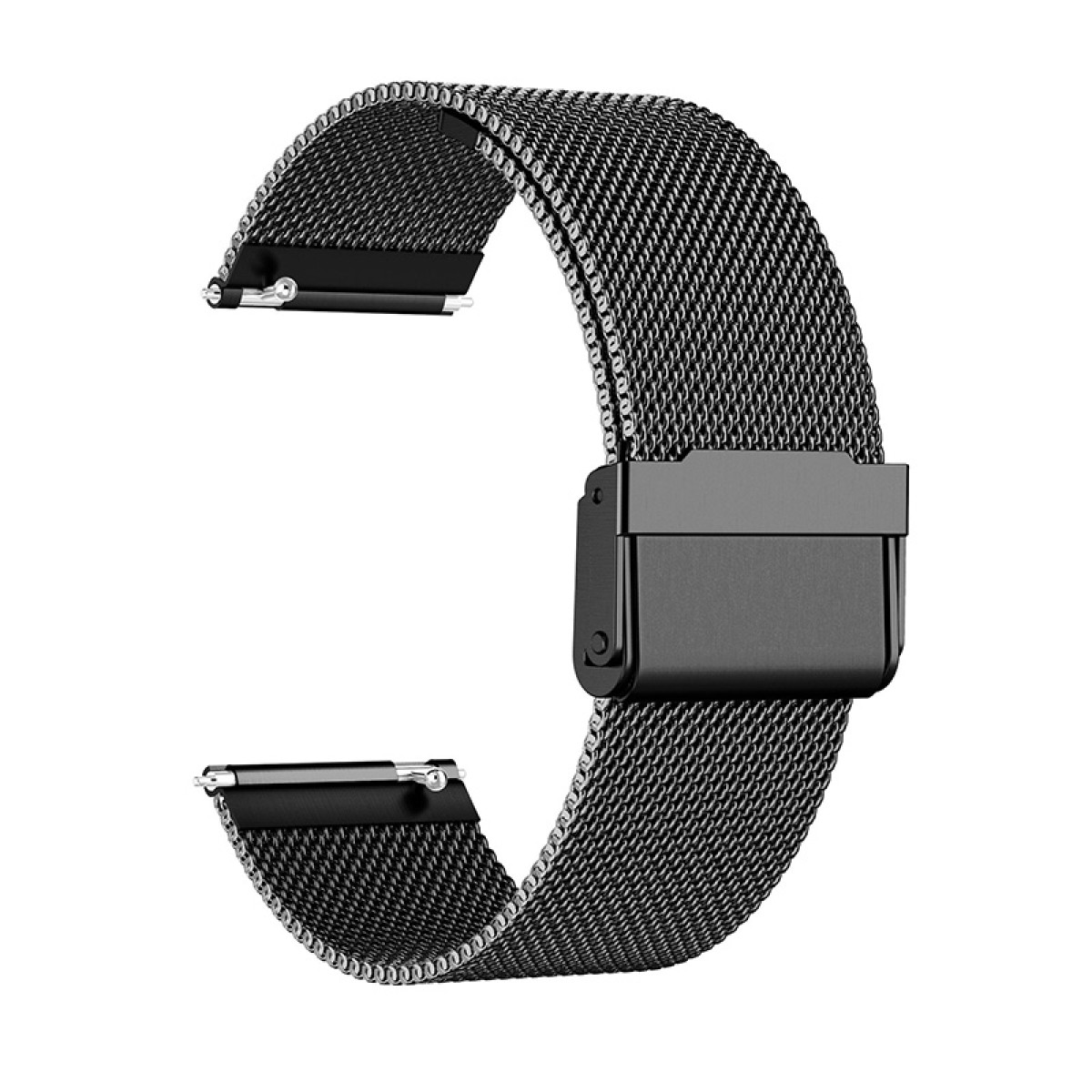 Ein schwarzes Uhrenarmband mit metallischem Mesh-Design und schwarzer Schließe.