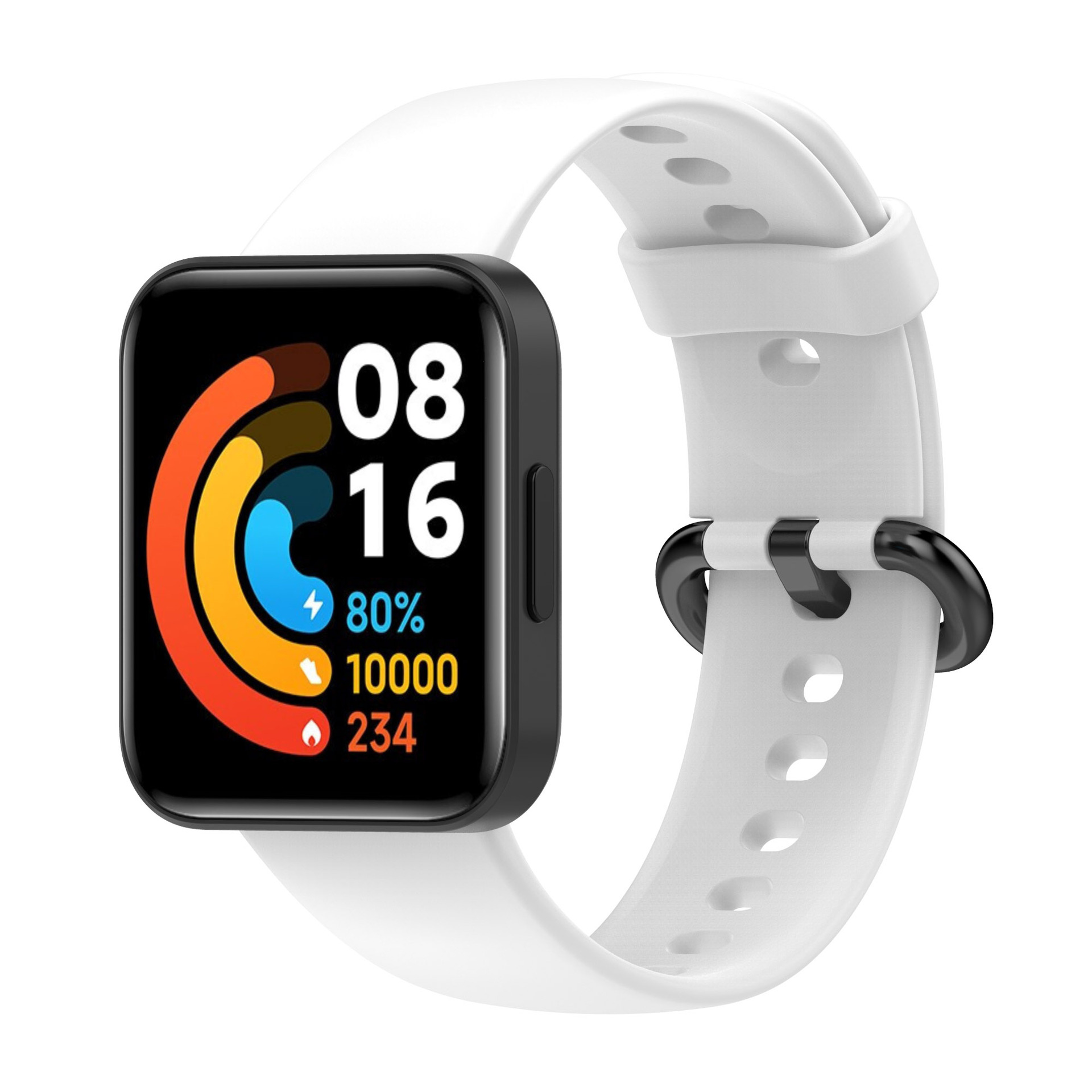 Eine schwarz-weiße Smartwatch mit weißem Armband, zeigt Zeit und Statistiken.
