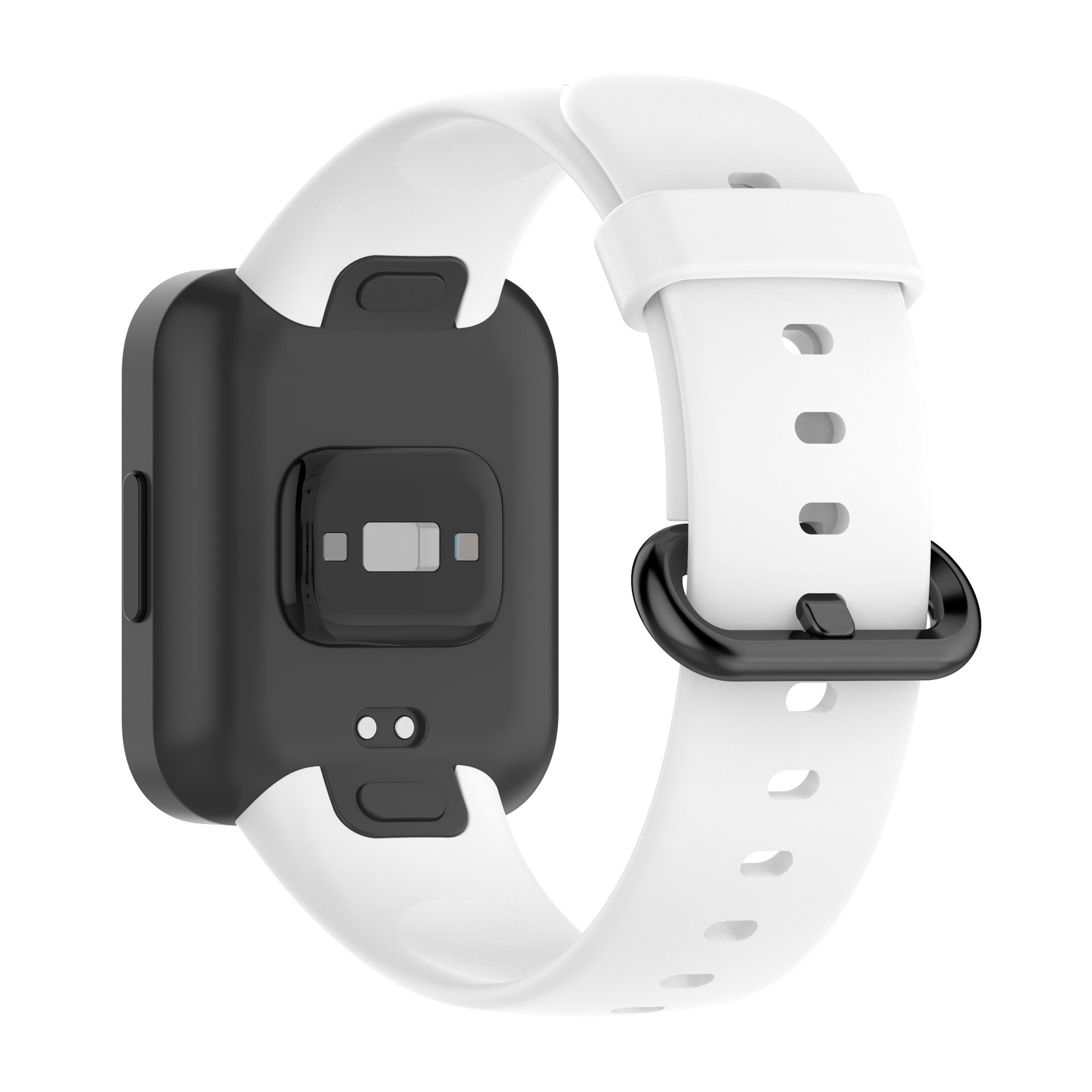 Schwarz-weißes Smartwatch-Armband, mit schwarzem Uhrengehäuse; weißer Hintergrund.