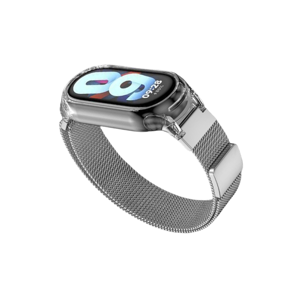 Silberne Smartwatch mit Mesh-Armband und transparenter Schutzhülle.
