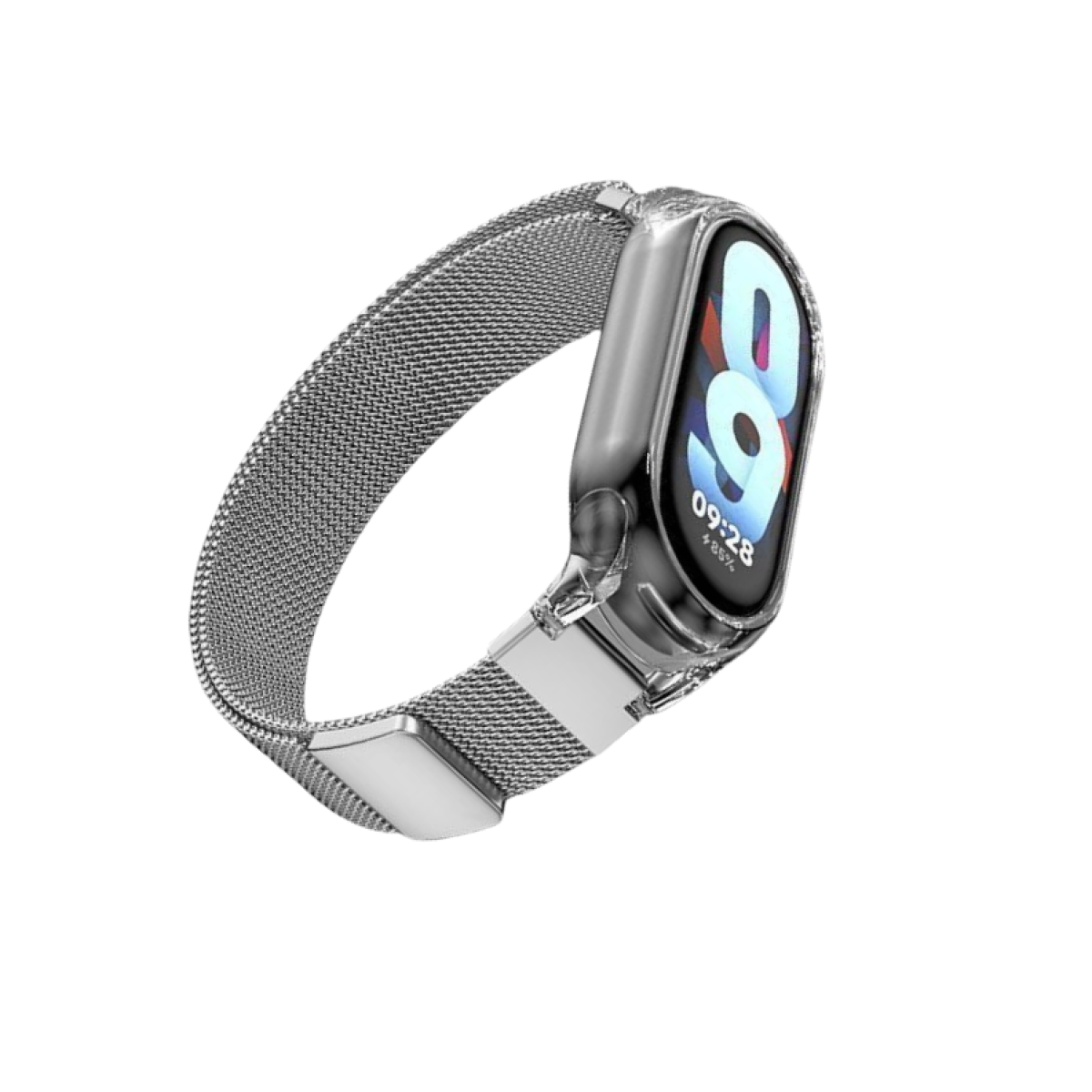 Eine Smartwatch mit silbernem Armband. Das Zifferblatt zeigt die Uhrzeit und hat eine transparente Schutzhülle.