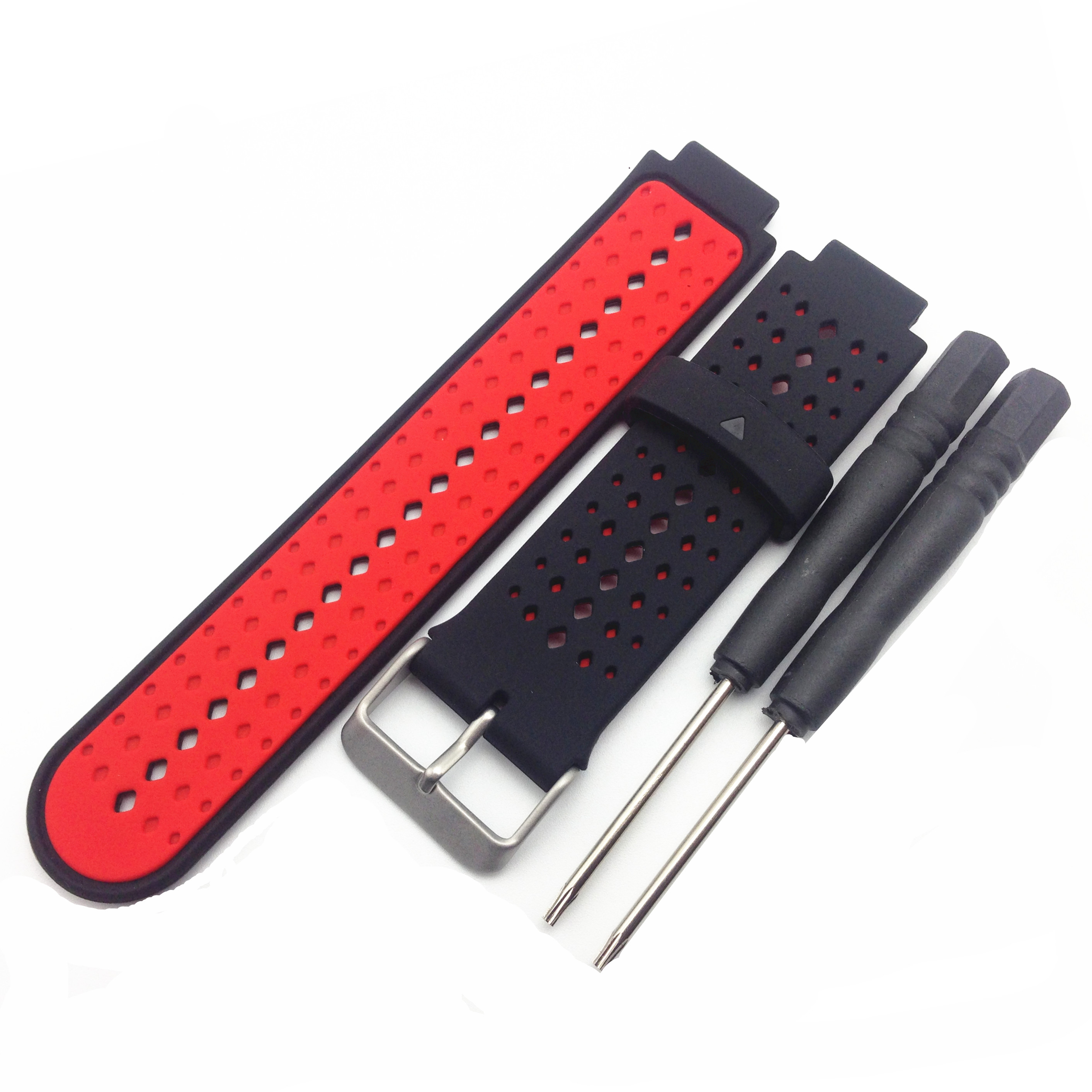 Rote und schwarze Armbänder und zwei Schraubendreher auf weißer Oberfläche.