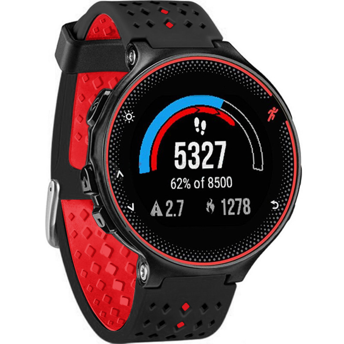 Schwarz-rote Smartwatch mit Daten. Der Bildschirm hat rote und blaue Linien, Zahlen und Symbole.