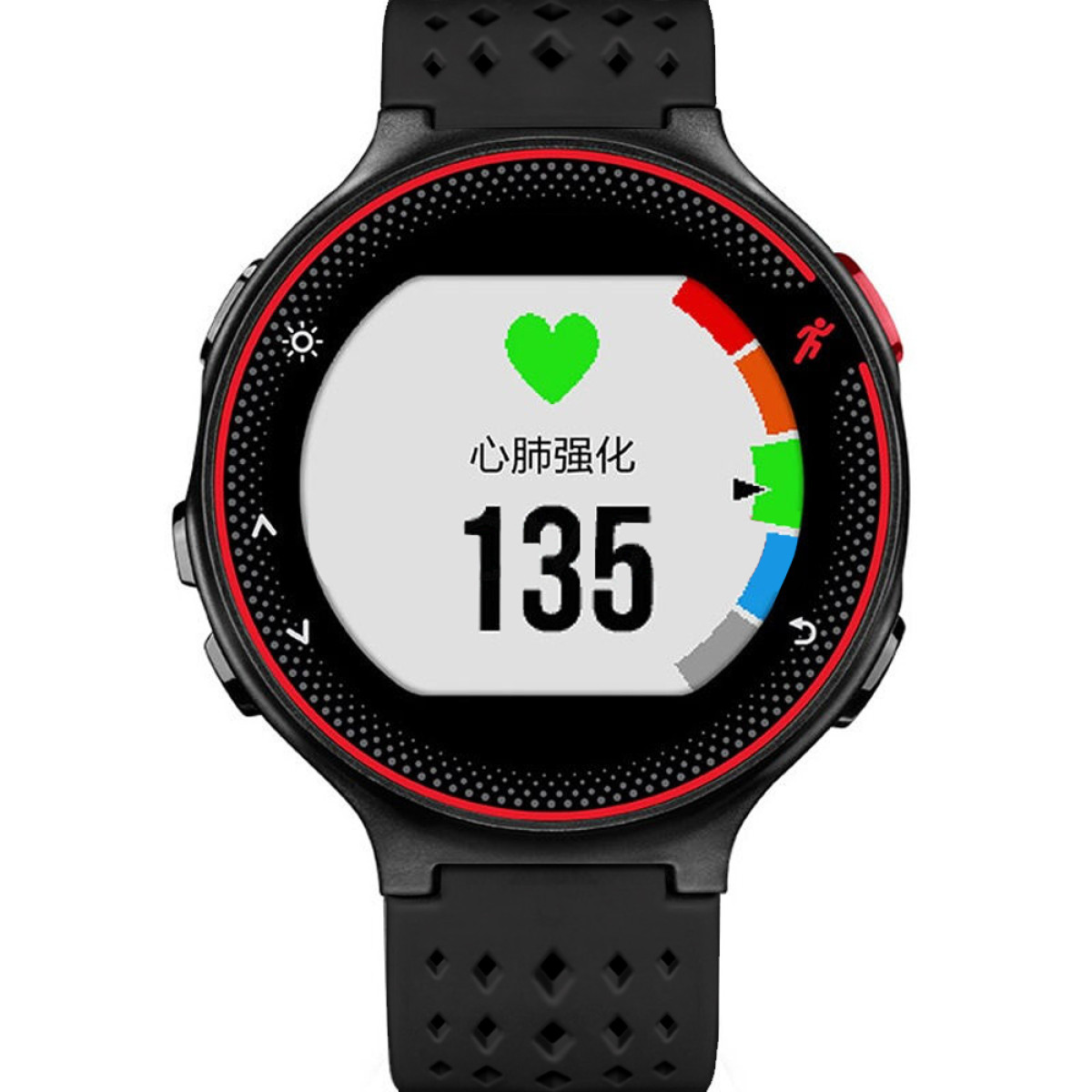 Schwarze Smartwatch mit Herzfrequenz 135, mit verschiedenen Gesundheits- und Fitnesssymbolen.
