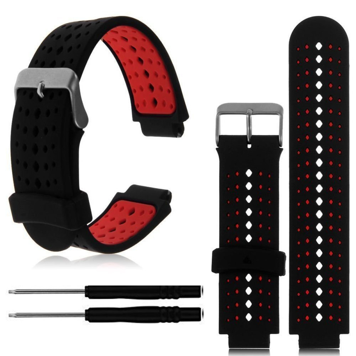 Ein Uhrenarmband mit roter Innenseite und schwarzer Außenseite. Es gibt auch ein Werkzeug für das Armband.