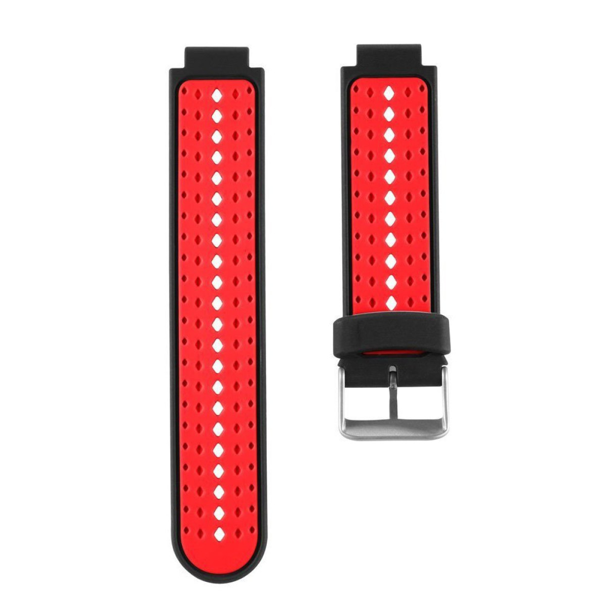 Rotes und schwarzes Armband. Der rote Abschnitt hat Löcher. Die Schnalle ist silberfarben.