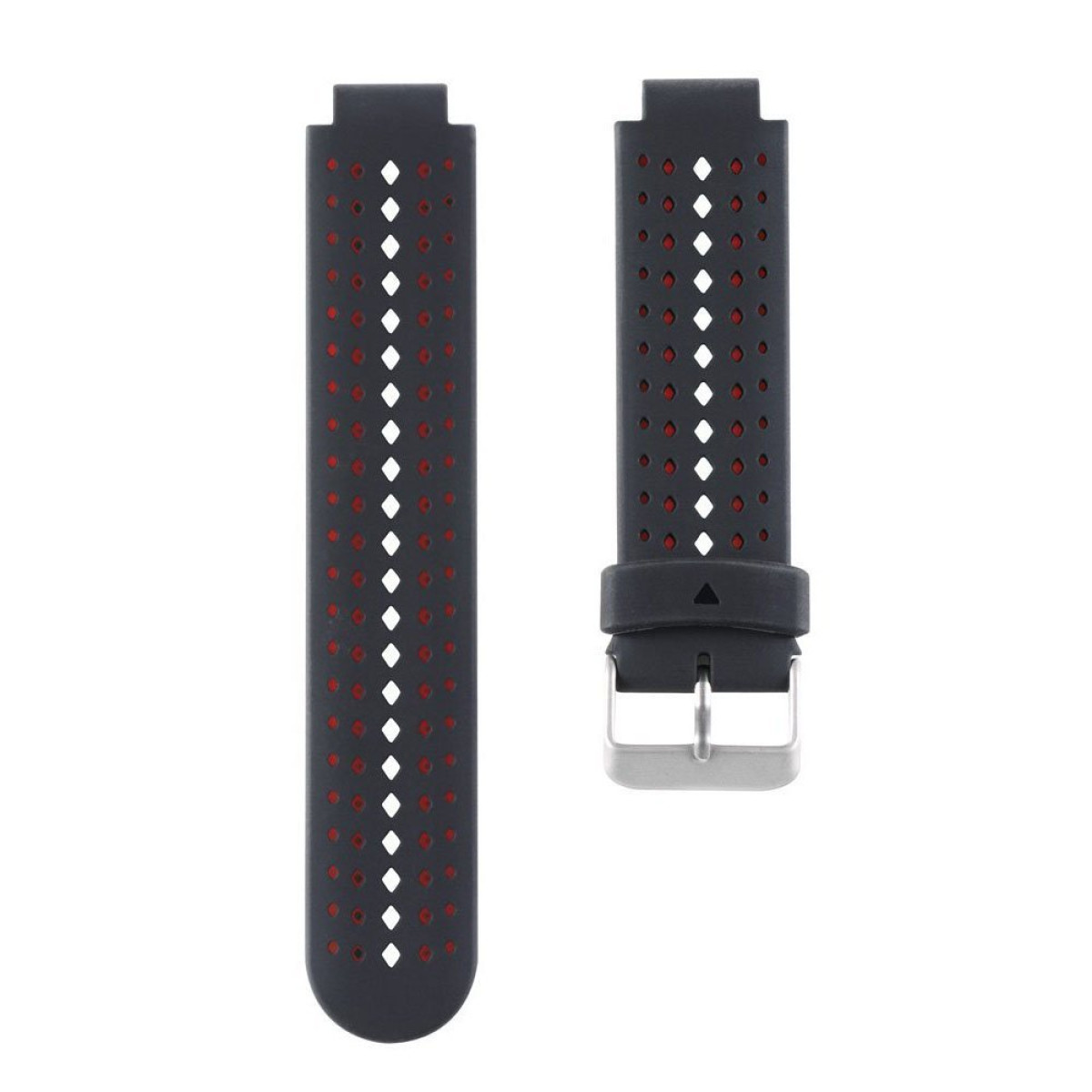 Schwarzes Uhrenarmband mit roten perforierten Details und einer silbernen Schnalle.