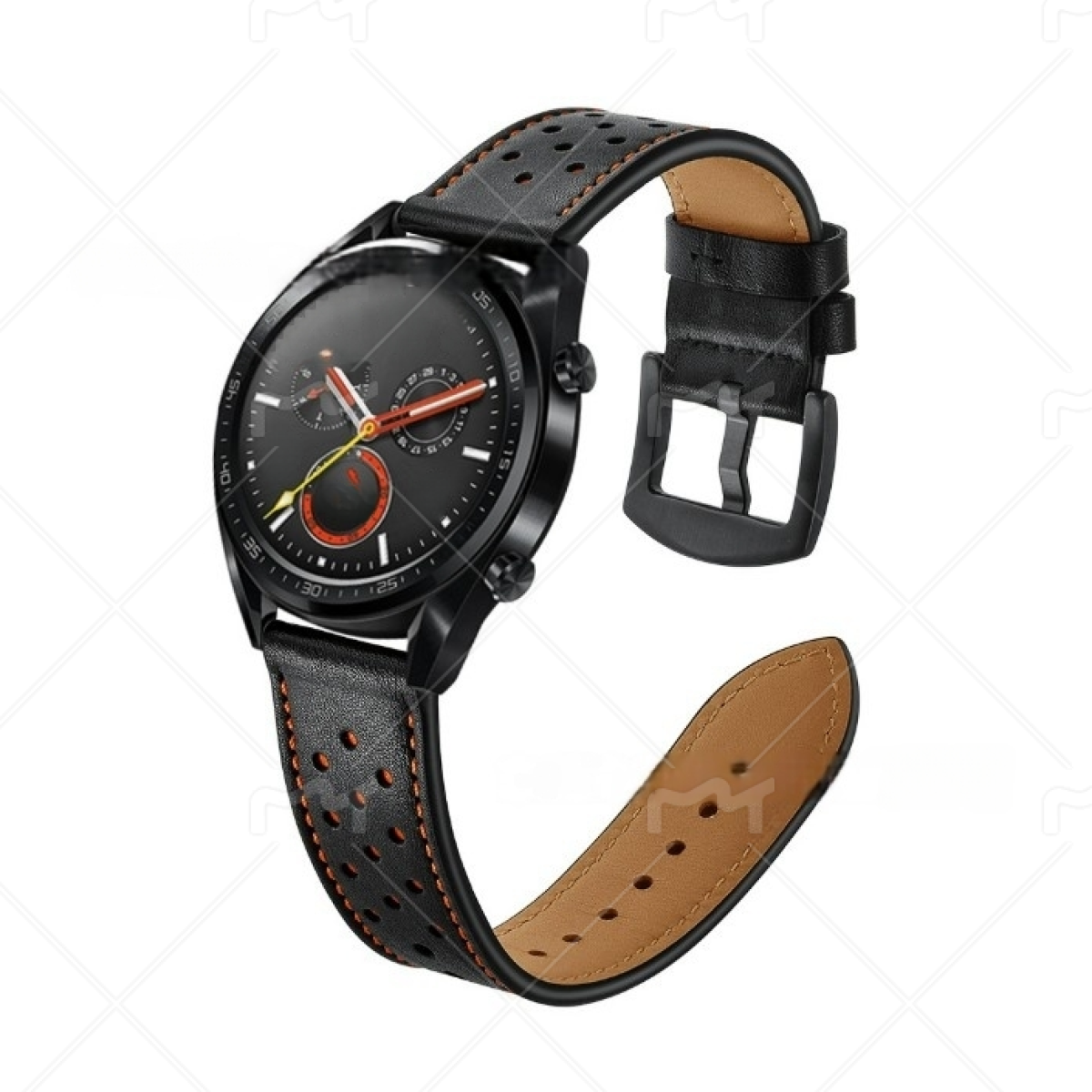Schwarze Smartwatch mit schwarzem und braunem Lederarmband. Schwarzes Zifferblatt.