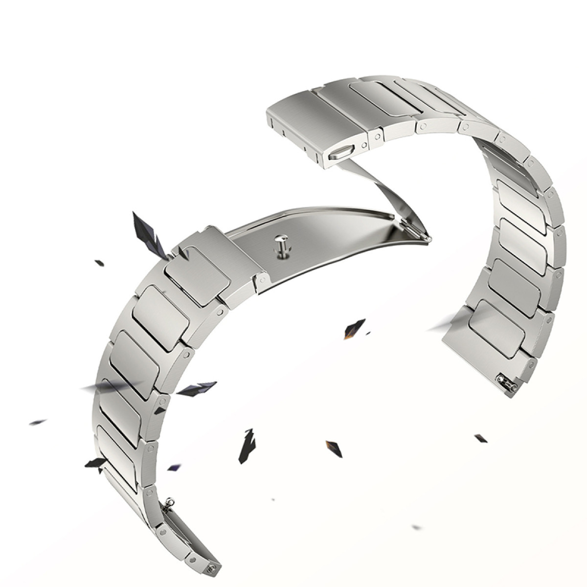 Ein silbernes Metall-Uhrenarmband in zwei Teilen. Schwarze Splitter umgeben das Armband auf weißem Grund.
