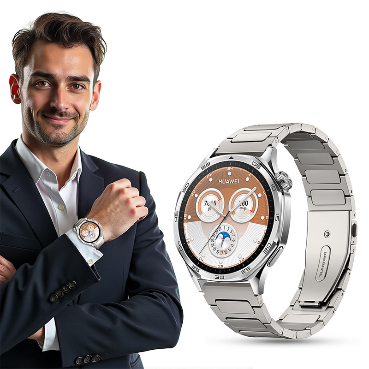 Ein Mann im Anzug trägt eine silberne Huawei Smartwatch. Das Zifferblatt zeigt Zeit und Datum.