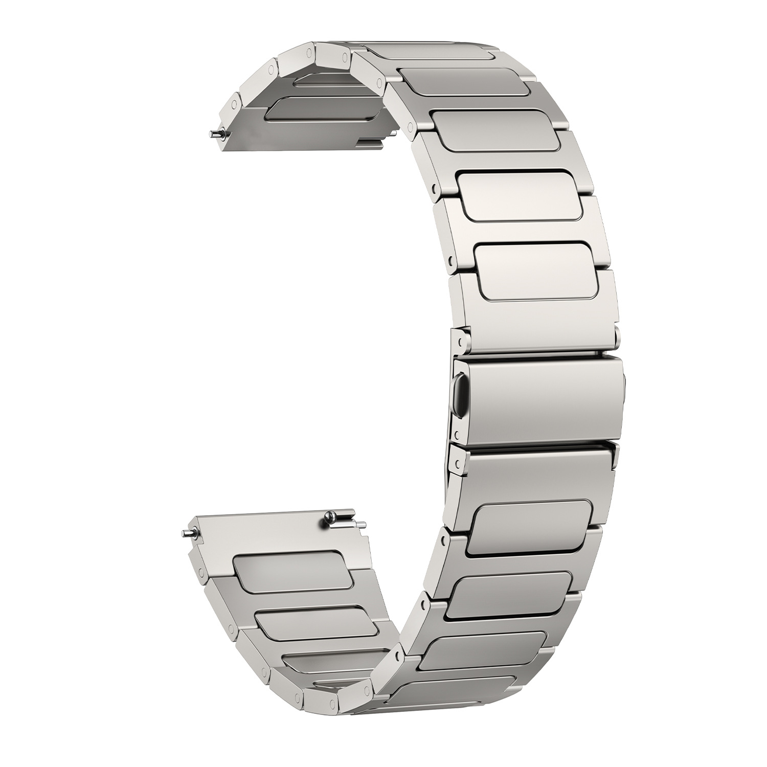 Silbernes Uhrenarmband mit mehreren rechteckigen Gliedern. Es ist auf weißem Hintergrund isoliert.
