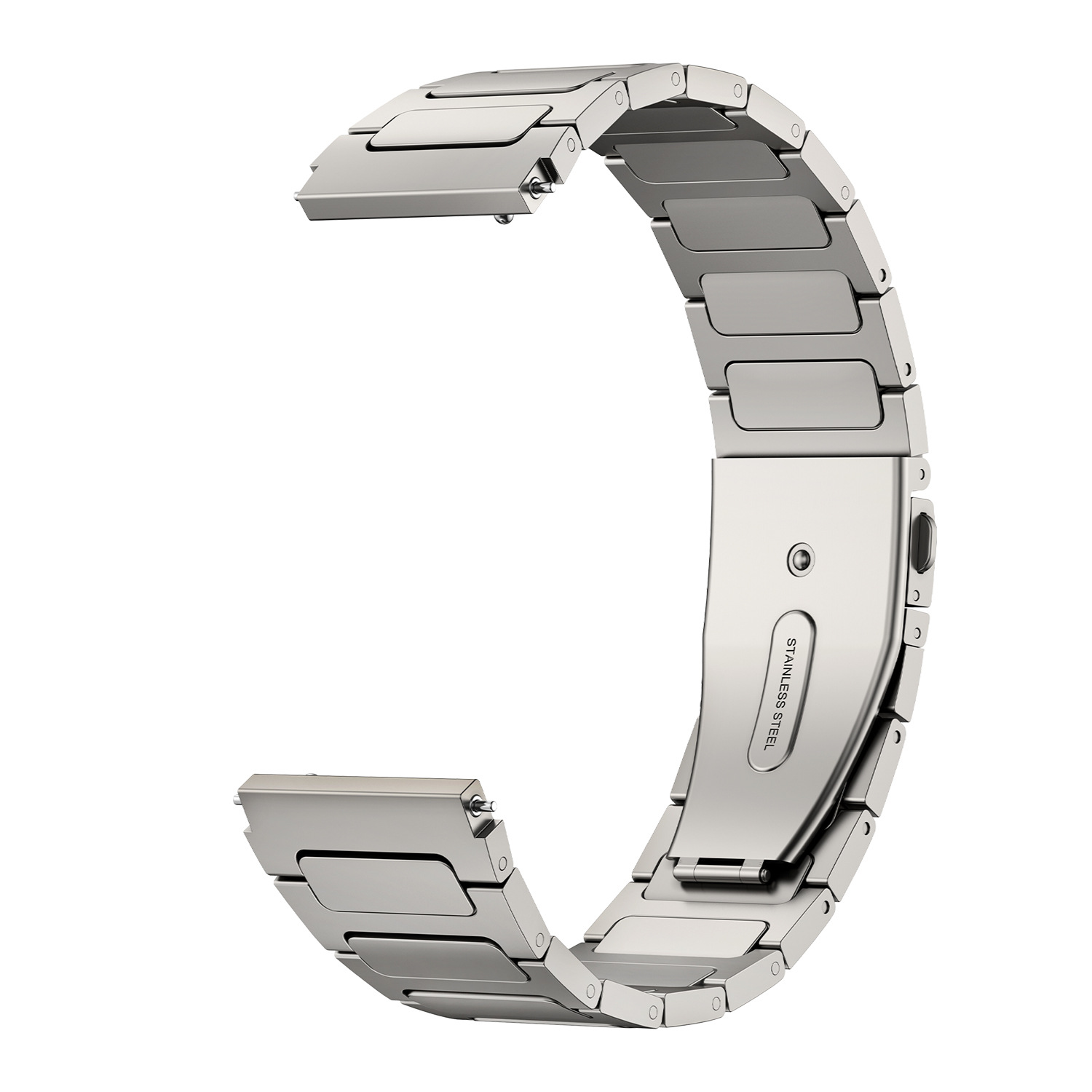 Ein silbernes Edelstahl-Uhrenarmband, gebogen und offen, das die Reflexionsqualität des Stahls zeigt.