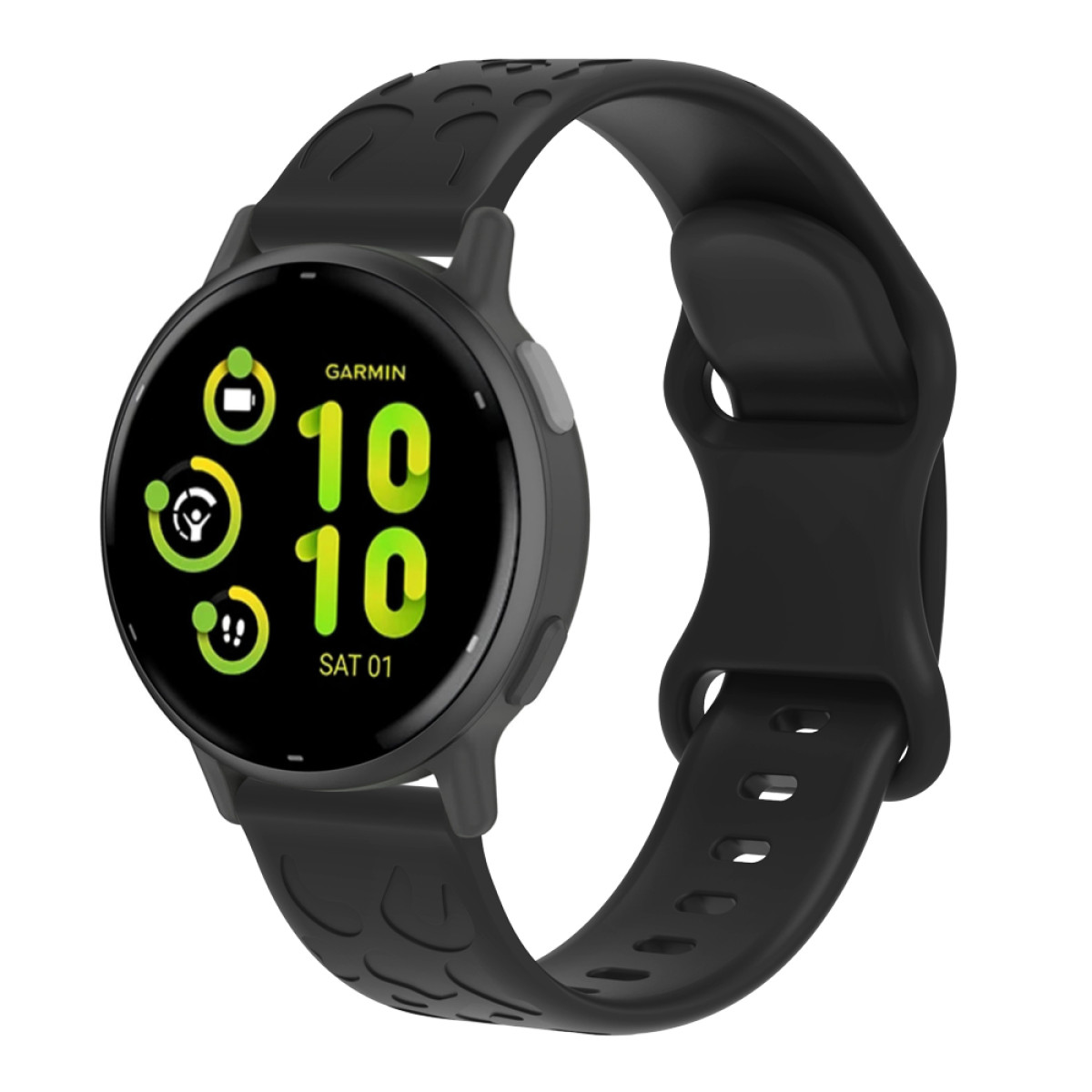 Smartwatch nero con cinturino nero. L'orologio mostra l'ora e le icone.