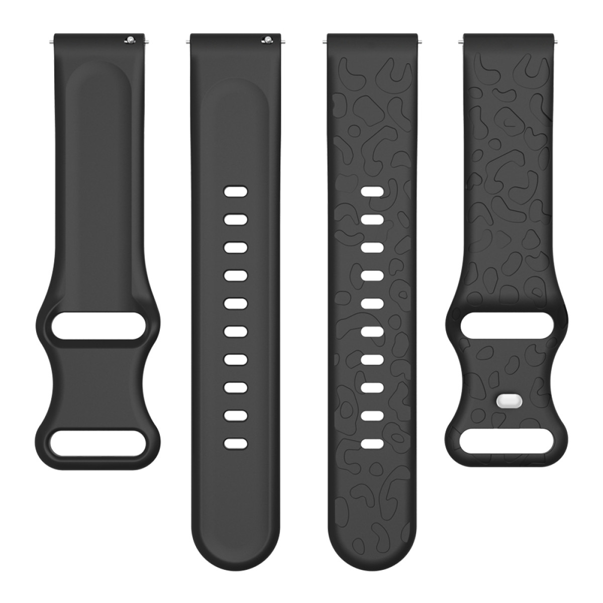 Quattro cinturini neri per smartwatch con vari design.