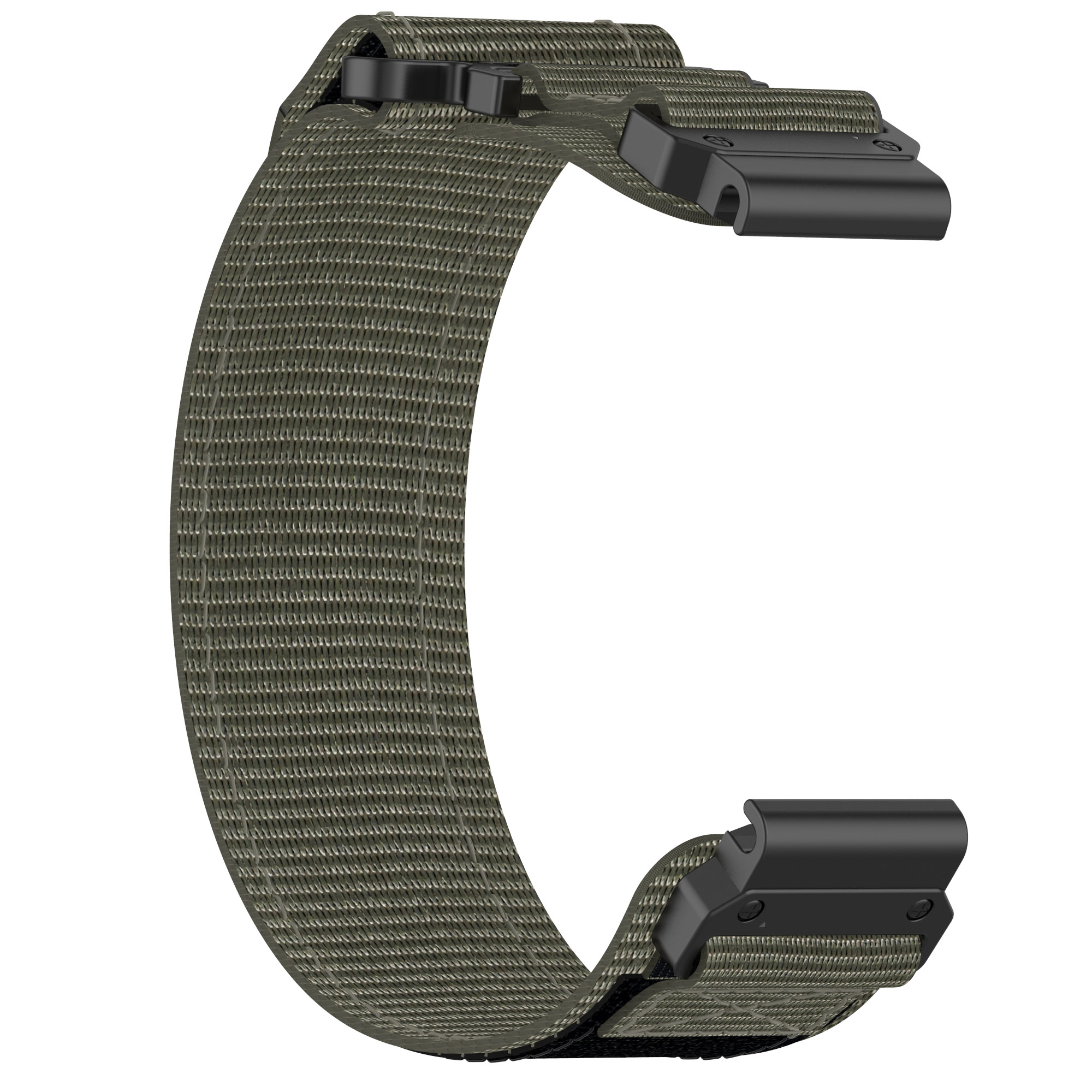 Ein olivgrünes Uhrenarmband mit schwarzen Verschlüssen. Das Armband ist gekrümmt.