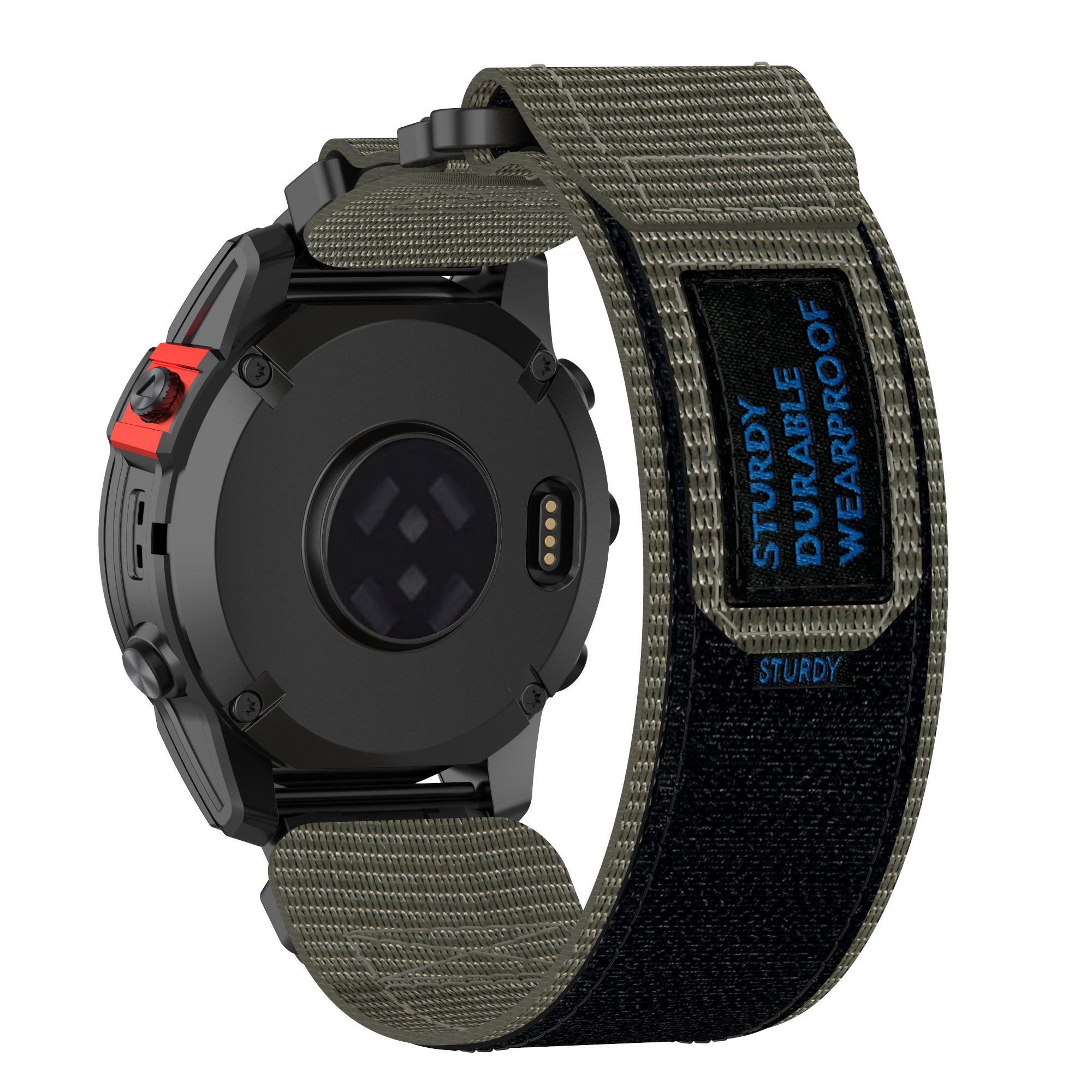 Schwarze Smartwatch mit grünem Armband, rotem Knopf und Text: Sturdy Durable Wearproof.