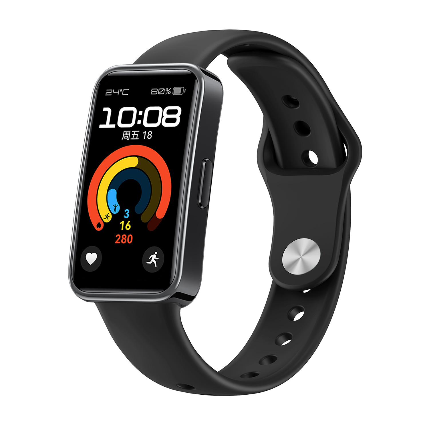 Uno smartwatch nero con cinturino nero mostra l'ora e i dati di fitness.