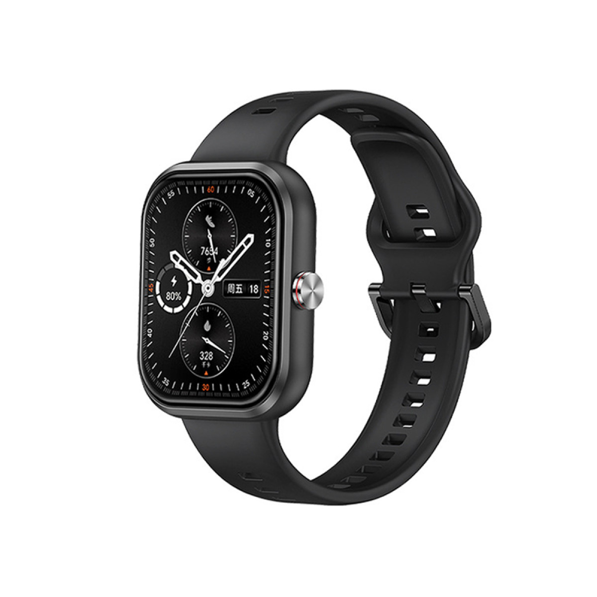 Uno smartwatch nero con quadrante quadrato, mostra ora e info batteria. Il cinturino è nero.