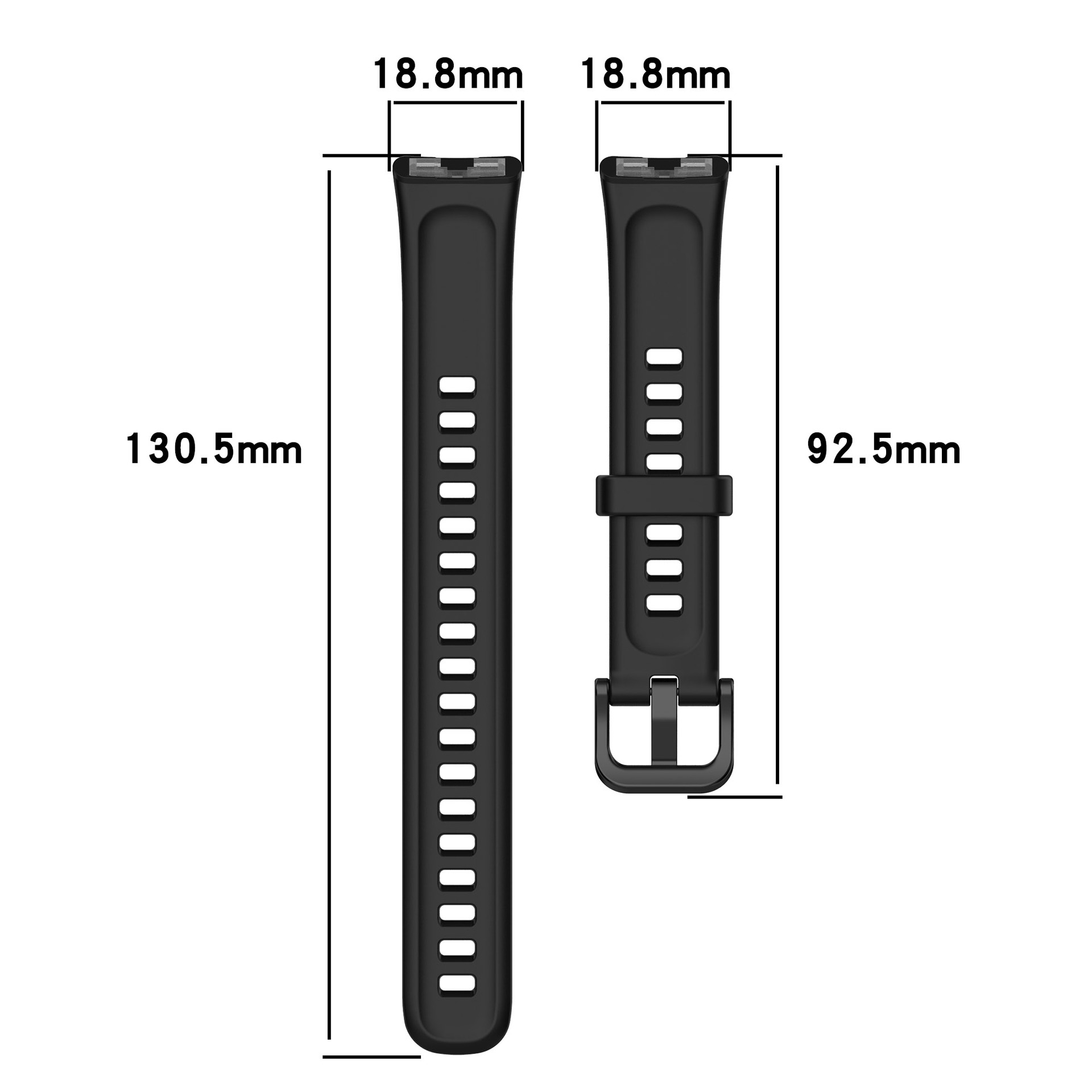 Schwarzes Uhrenarmband mit Maßen. Ein Armbandteil ist komplett, ein weiteres ist die Schnallenseite.