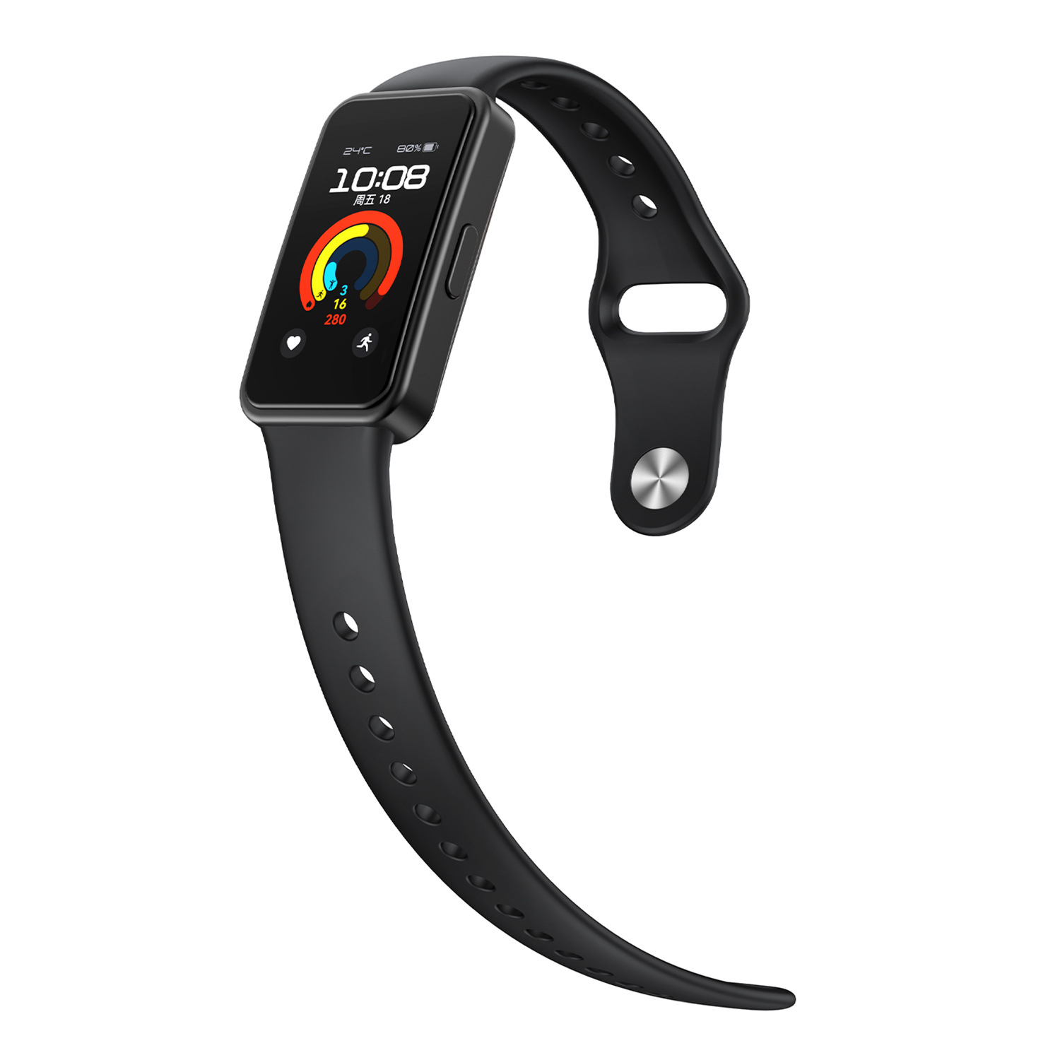 Uno smartwatch nero con cinturino nero, che mostra ora e dati attività.